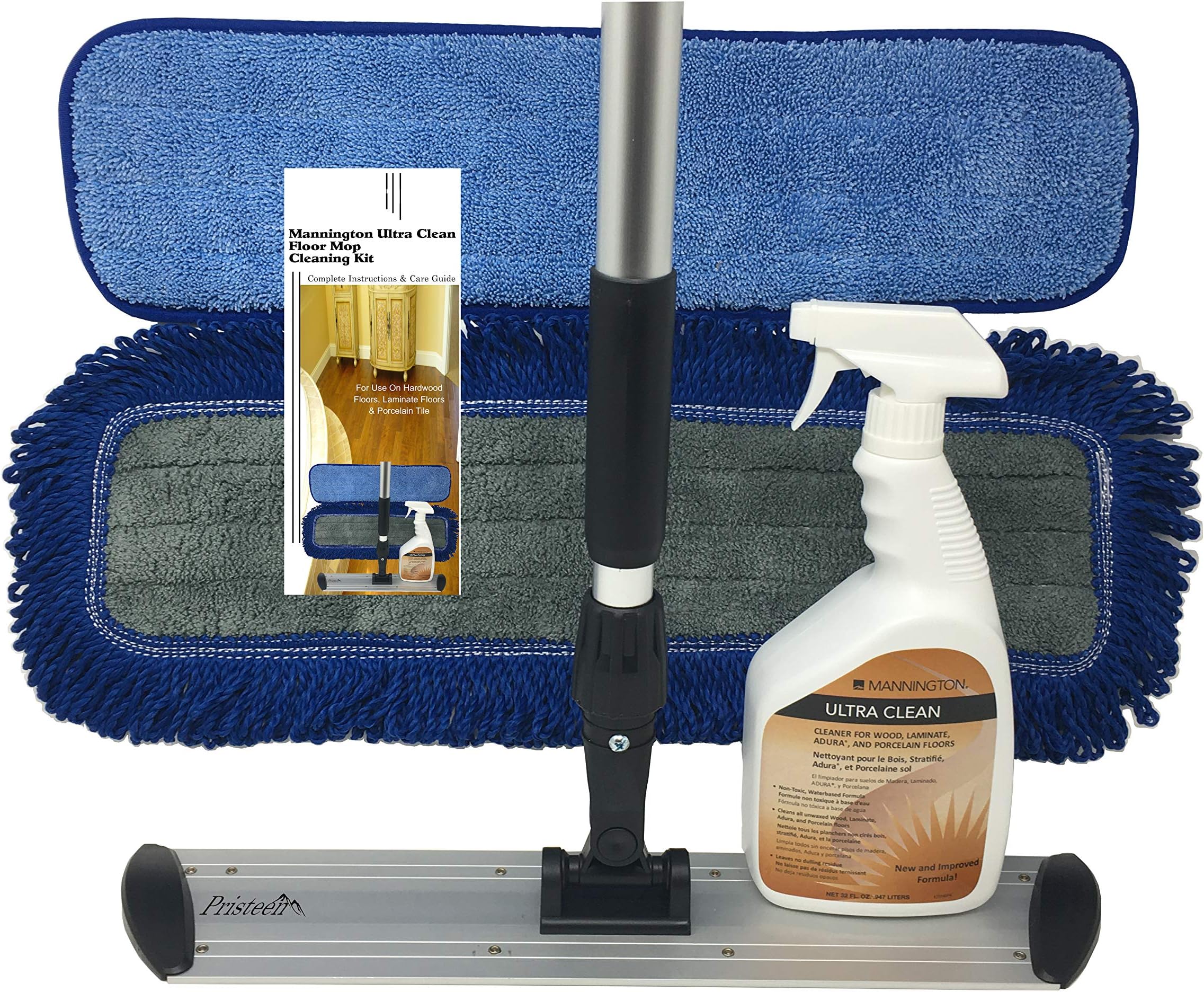 Complete Hardwood & Laminate Flooring Cleaning System - 18" Pristeen Flat Mop with 72โ Telescopic Mop Handle - 32oz Ultra Clean Spray Bottle