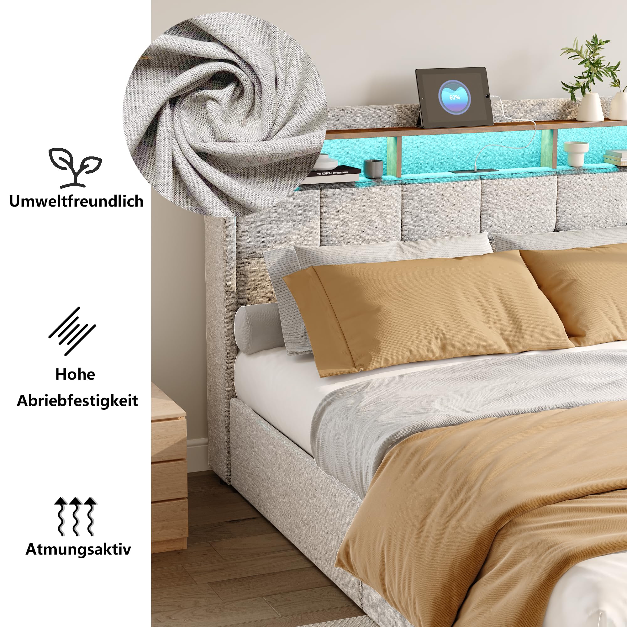 Tweepersoonsbed 160 X 200 Cm Met Hydraulische Opbergruimte Ledverlichting Boxspringbed