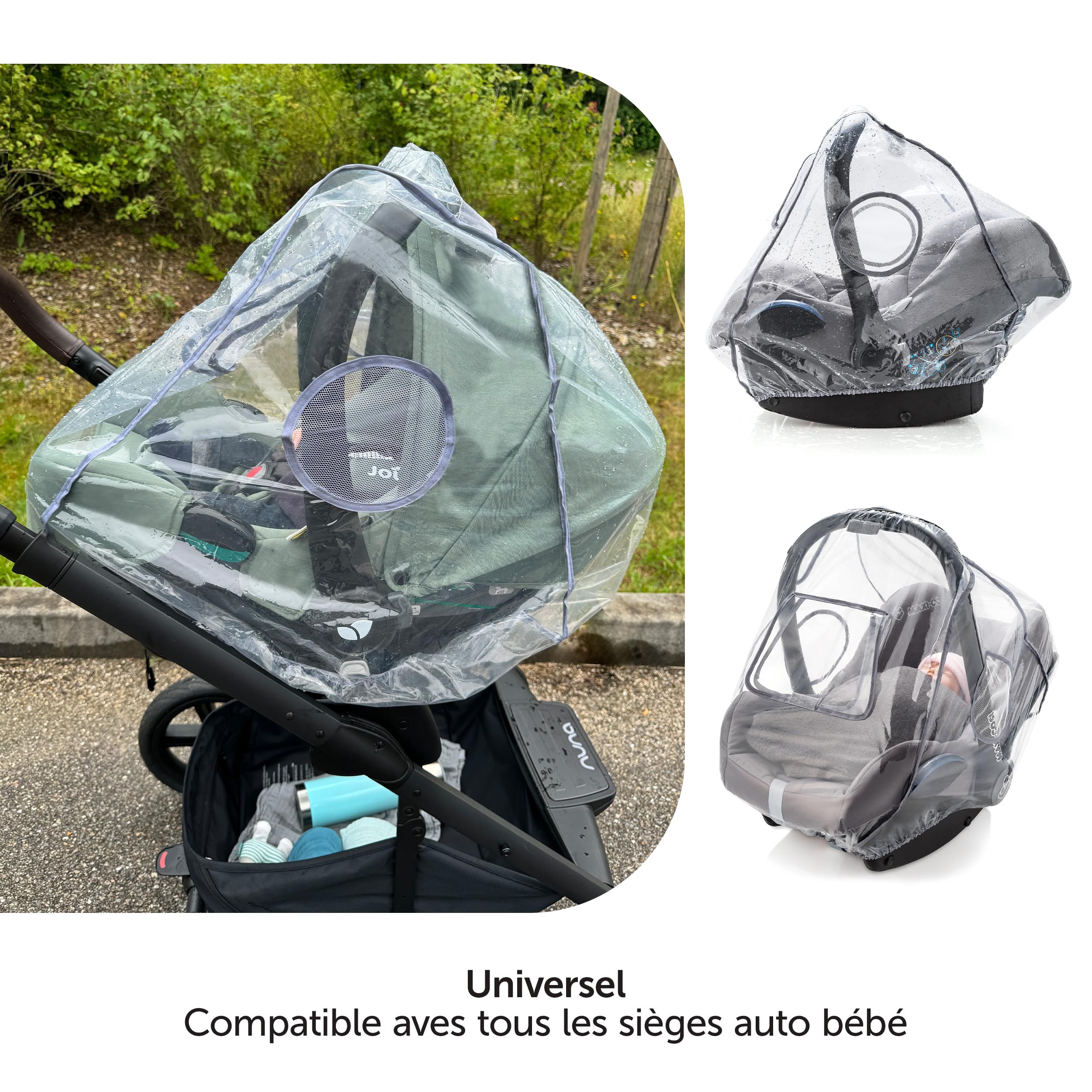 Zamboo Habillage Pluie Cosy Universel, Compatible avec Cybex, Maxi-Cosi, Siege Auto Bebe, Fenêtre, Filets Aération, Fente Poignée Transport, Sans PVC