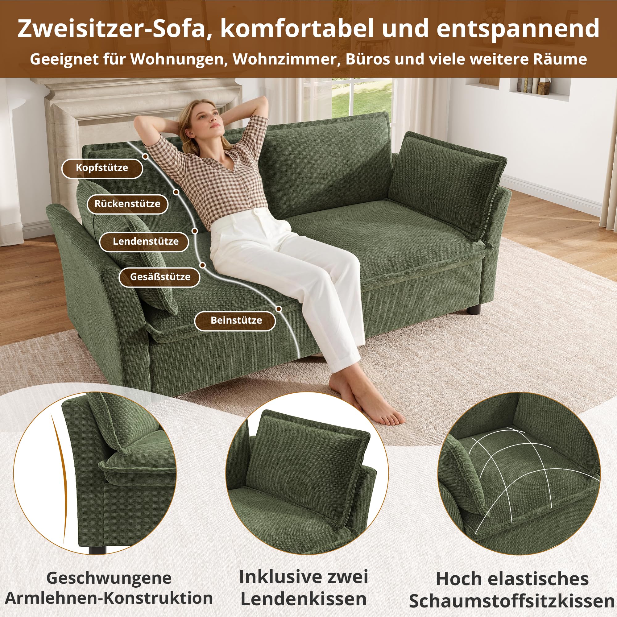 BTM Modern Cloud Sofa 2 Sitzer Couch Klein mit Armlehnenkissen Loveseat für Wohnzimmer, Kleine Räume, Wohnung, Dunkelgrün