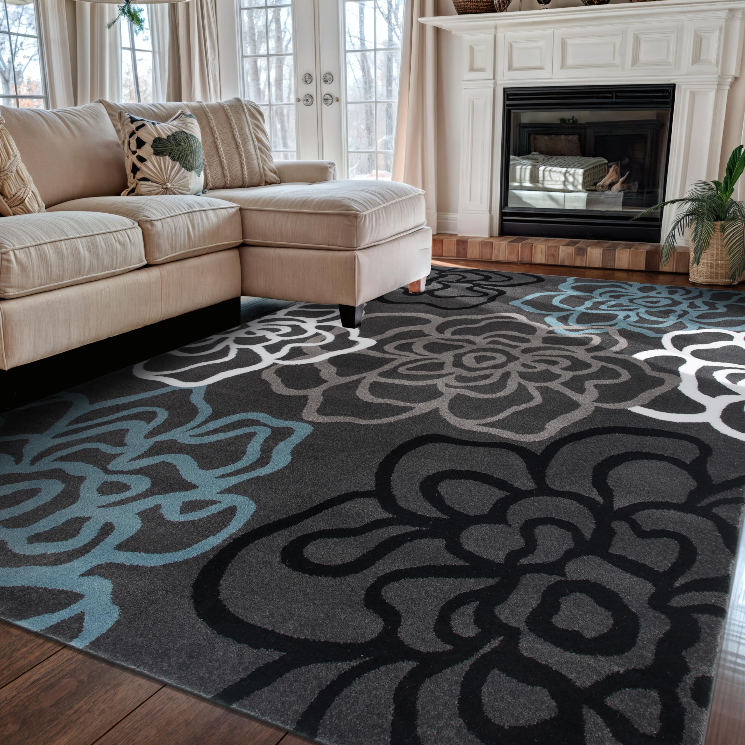 Rugshop Contemporary Modern Floral Abstract Flowers Easy Maintenance for Home Office, Living Room, Bedroom, Kitchen Soft Area Rug 5' 3" X 7' 3" Gray