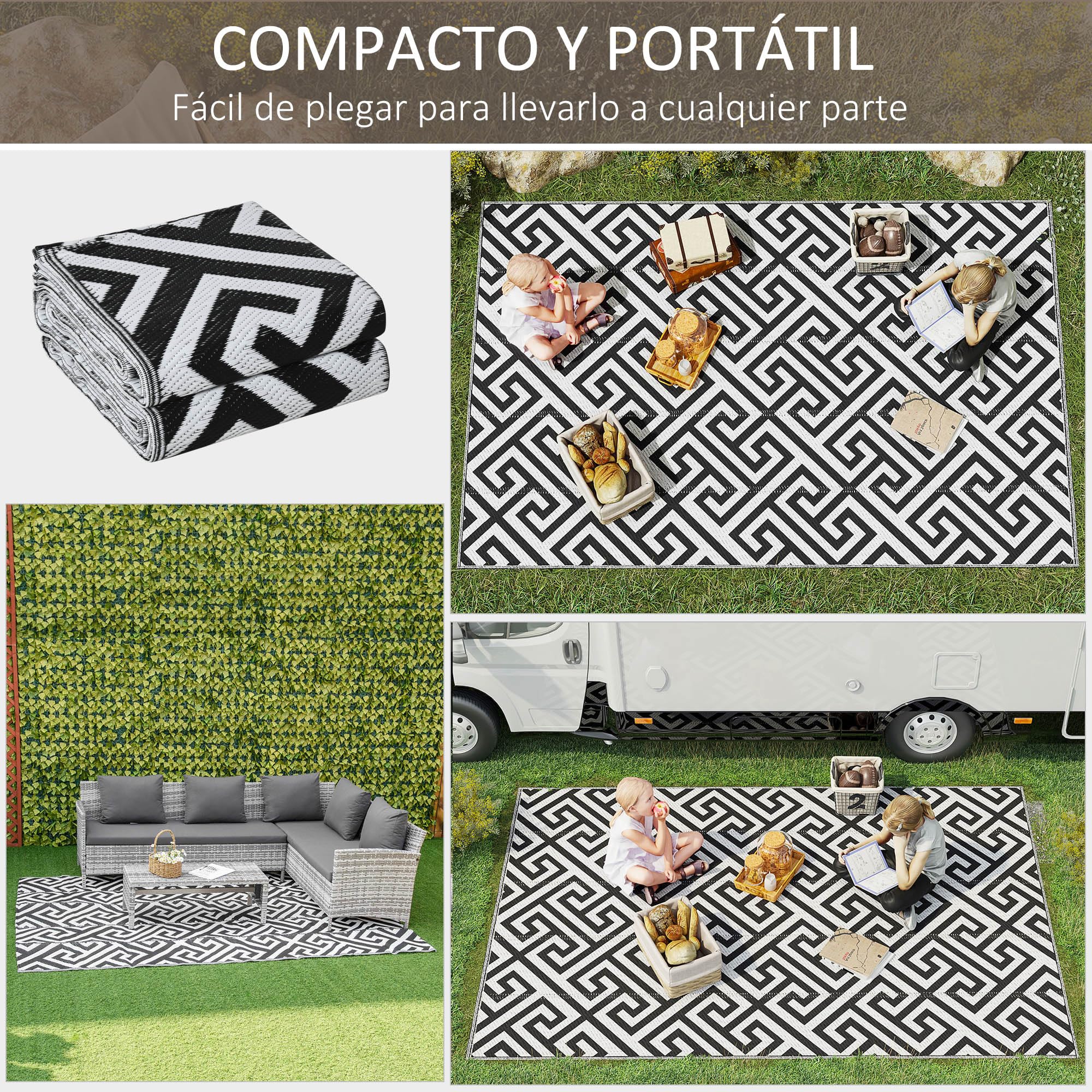 Outsunny Alfombra de Exterior 182x274 cm Alfombra Reversible con Patrón Geométrico Impermeable para Terraza Balcón Patio Camping Playa Blanco y Negro