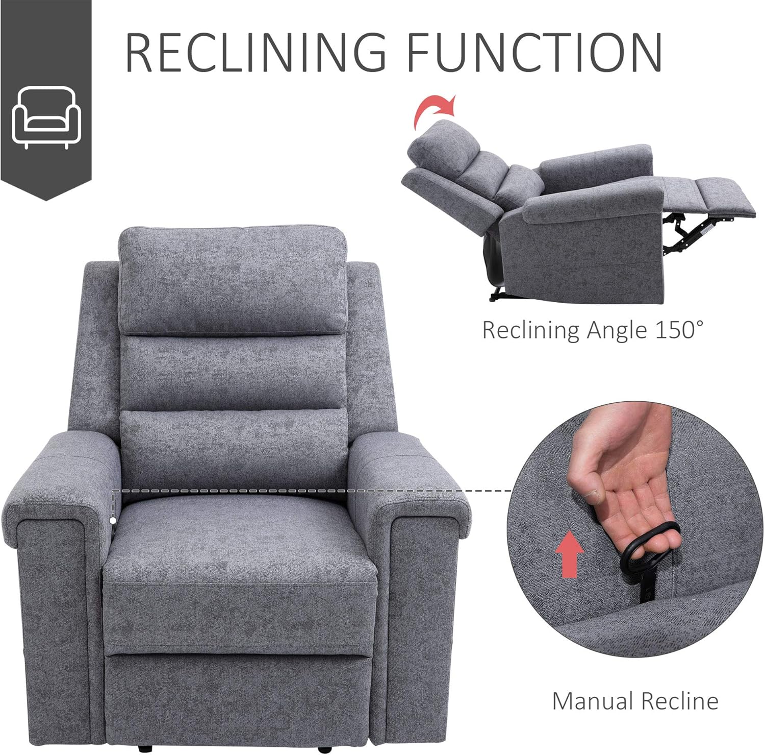 HOMCOM Modern Recliner Chair Linen Fabric Single Sofa Home Theater Seating with Overstuffed Armrest and Back, Grey