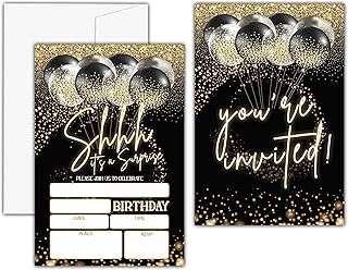 Shhh It's a Surprise Birthday Invitations, Black Gold Balloon Birthday Party Invitation Card, Surprise Birthday Party Favors & Celebration Supplies(20 Set of Invitations with Envelopes)-B28