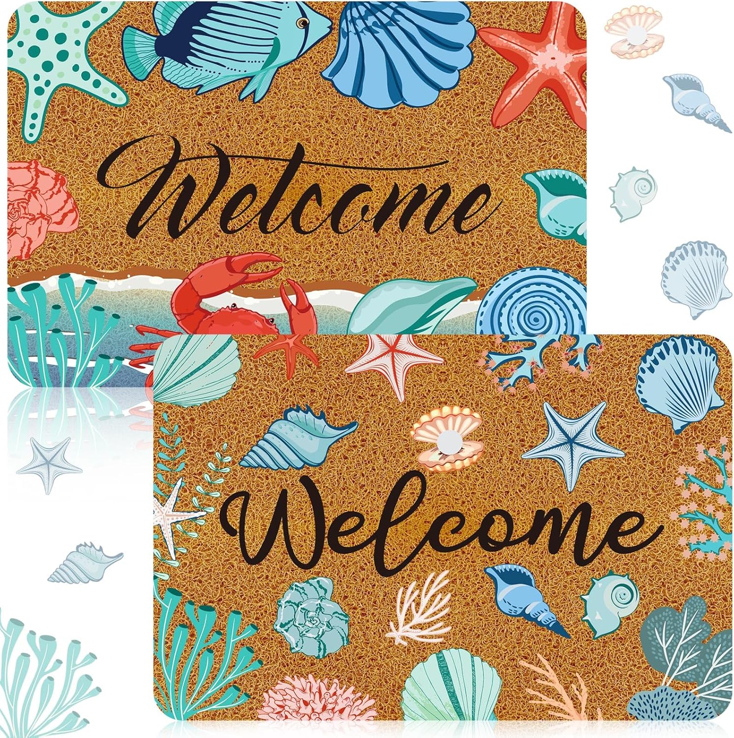 Moucuny 2 Pcs Coastal Beach Coir Door Mat Holiday Coastal Doormat 15.75 x 23.62 Inches Non Slip Entrance Coir Rugs for Farmhouse Home Kitchen Front Outdoor Indoor Summer Welcome Beach Rugs