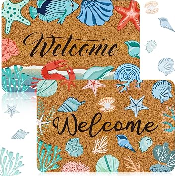 Moucuny 2 Pcs Coastal Beach Coir Door Mat Holiday Coastal Doormat 15.75 x 23.62 Inches Non Slip Entrance Coir Rugs for Farmhouse Home Kitchen Front Outdoor Indoor Summer Welcome Beach Rugs