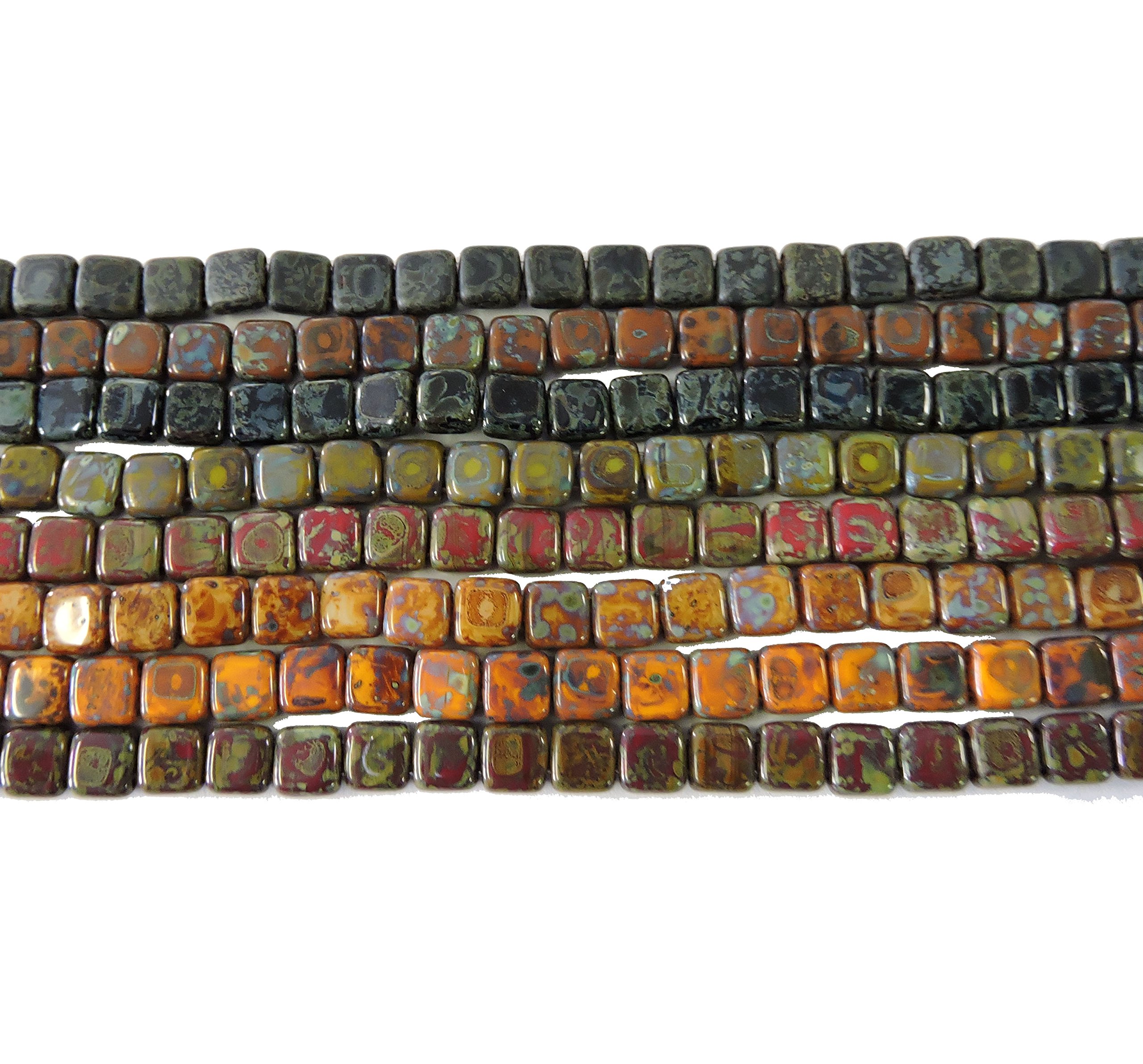 CzechMate 6mm Square Glass Two-Hole Tile Beads - Black Picasso Pressed Glass Beads (25 Pieces)