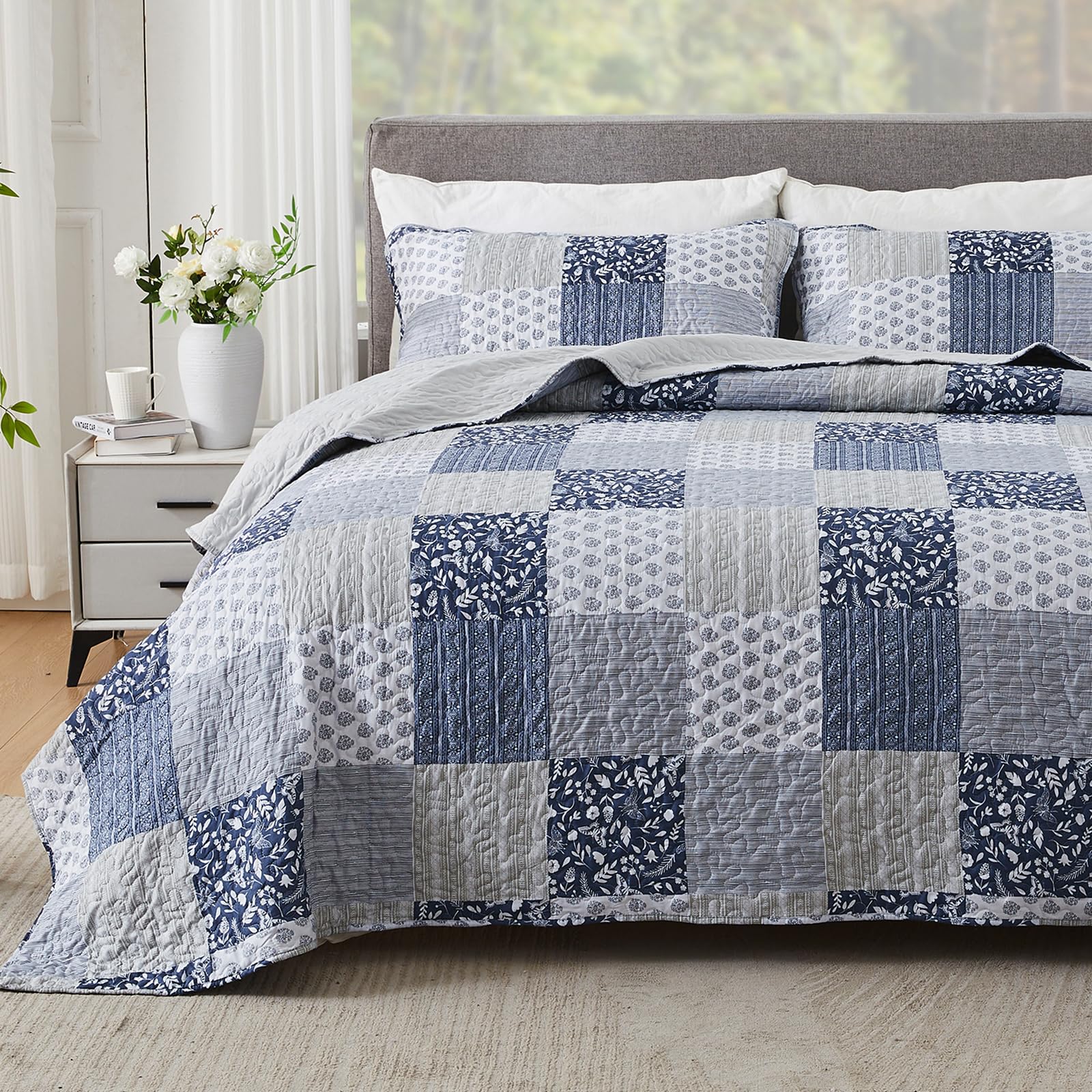 Photo 1 of Cozyholy Navy Blue Gray Alaskan King Quilt Set 132x120