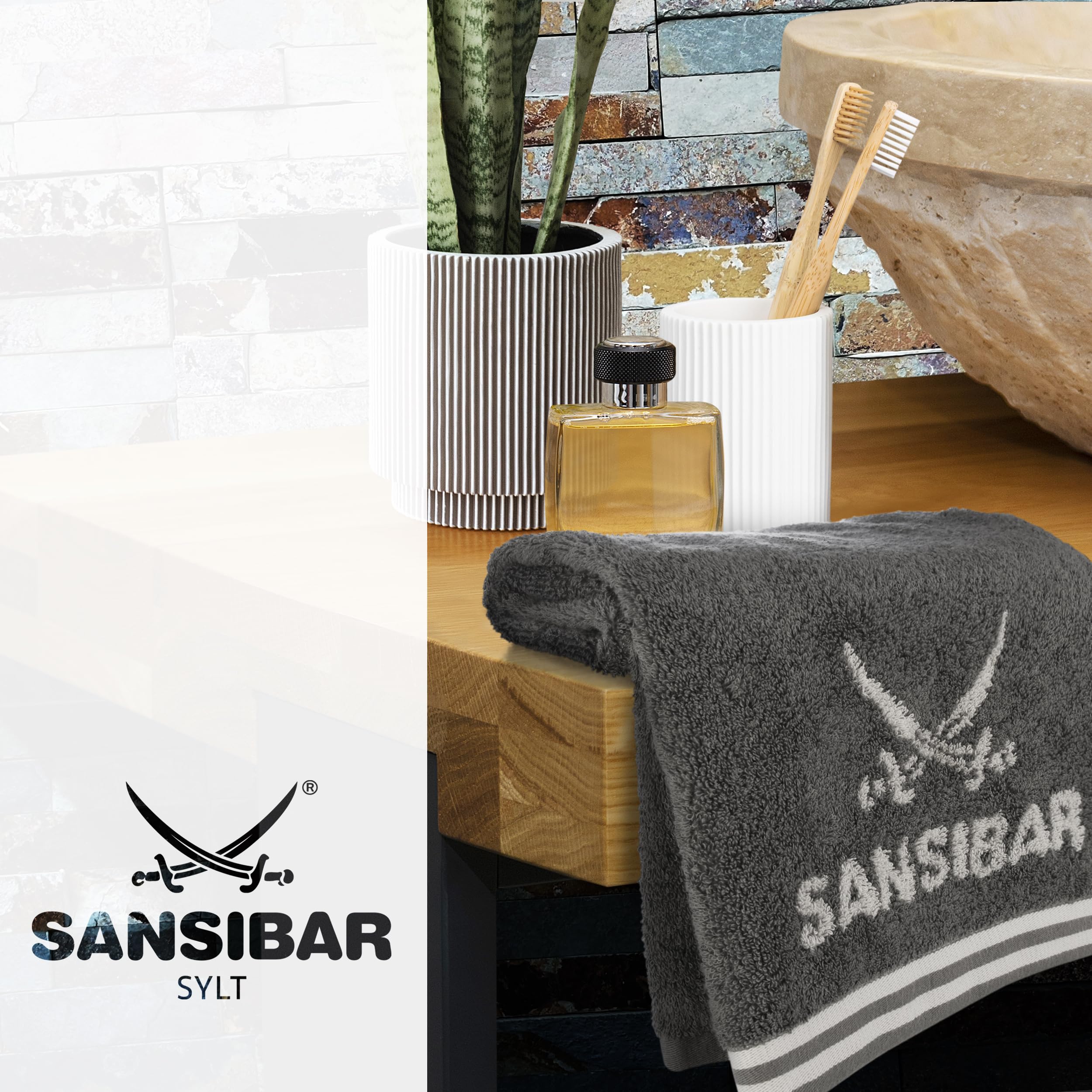 Sansibar Handtuch 4er Set 50x100 cm 100% Baumwolle Doubleface Frottiertuch gestreifte Borde Zweifarbig Anthrazit/Silber