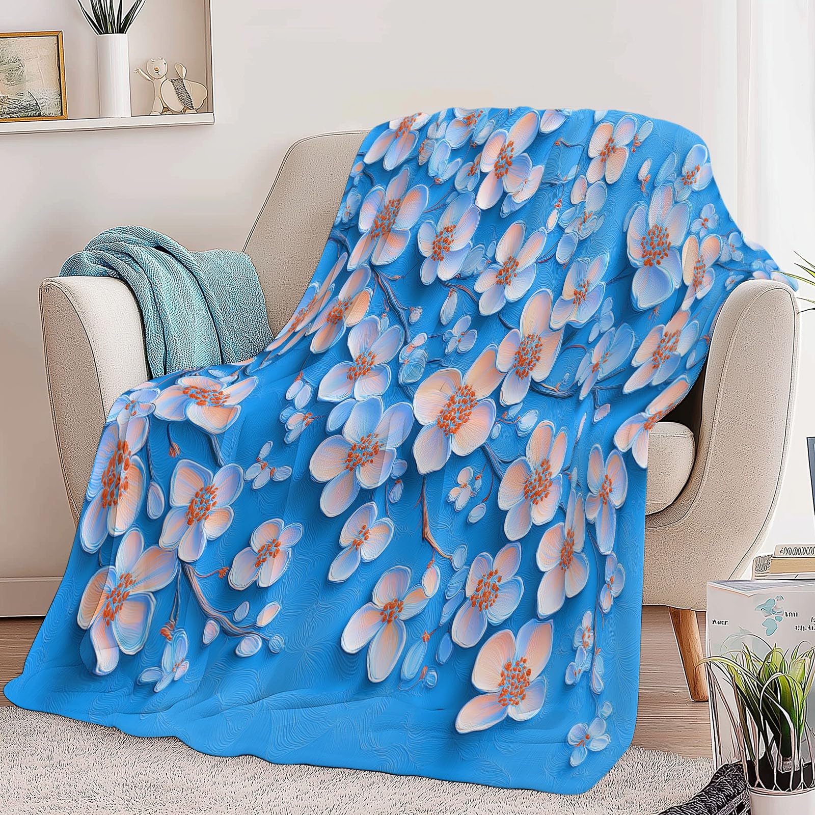 Manta de Franela Estampada Plantas 3D Flores De Albaricoque Elegantes, 220 x 240 cm Manta de Microfibra Suave Anti-Pilling para sofá Cama decoración de sofá Viajes Camping, Azul