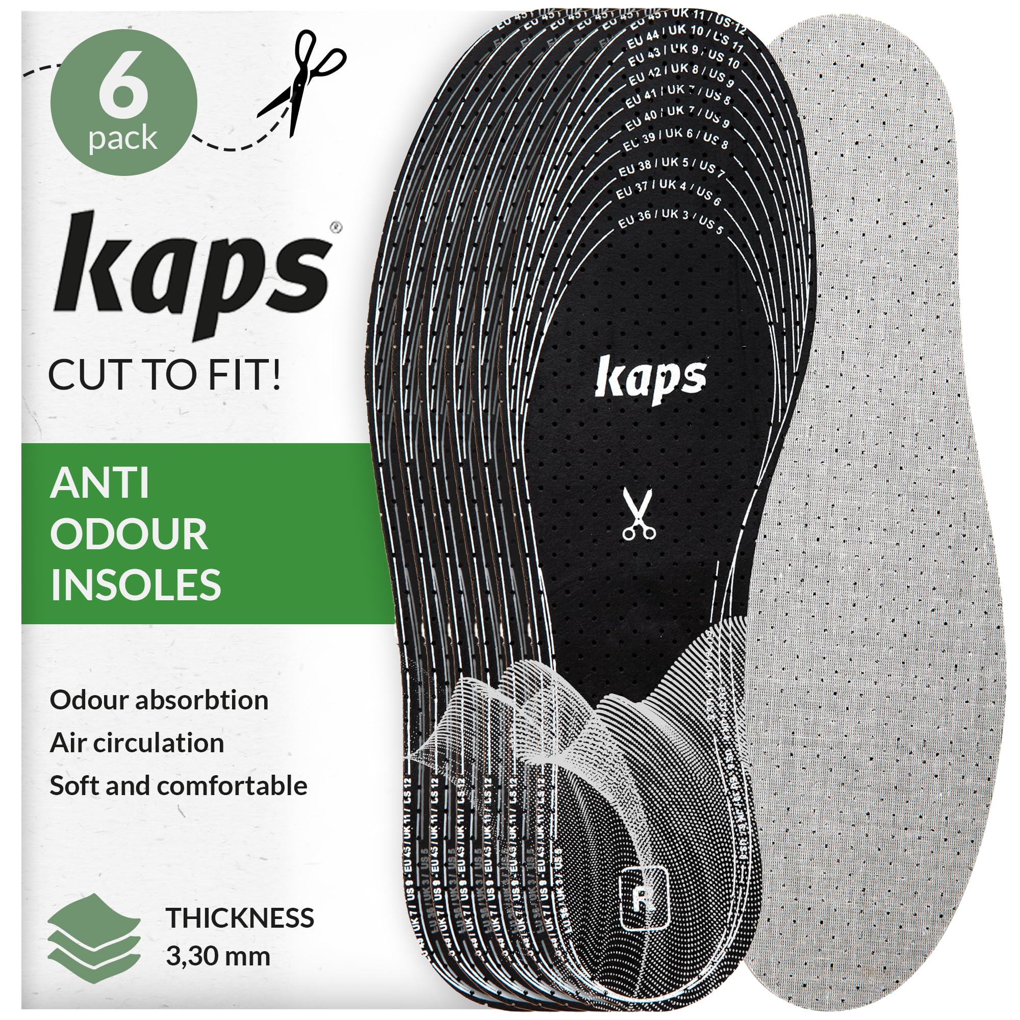 Shoe Insoles for Men & Women 6 Pairs - Charcoal Anti-Odour - Kaps