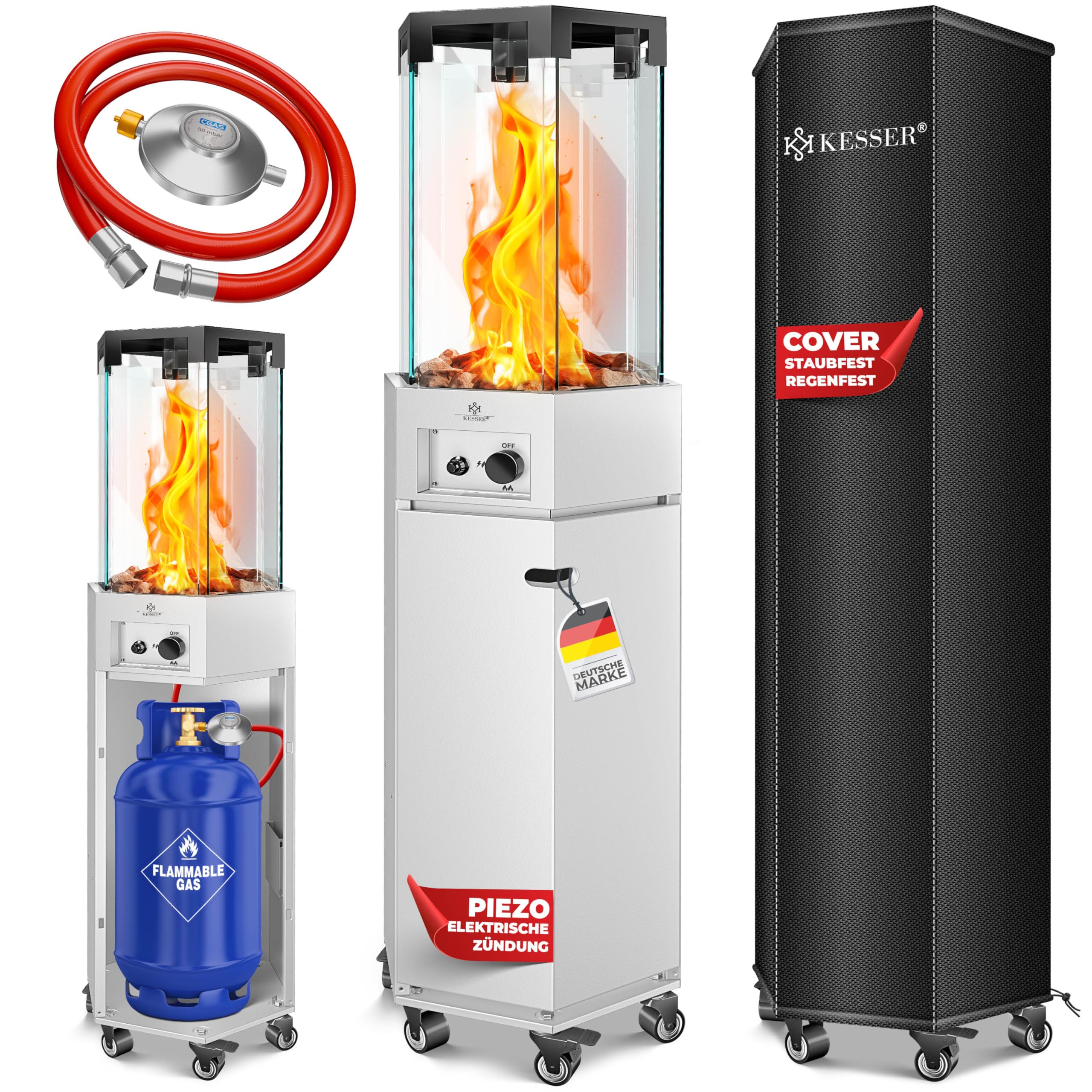 KESSER® Gasheizstrahler 4/8 kW Gas Piezozündung Heizung + Gasdruckregler + Cover, 360° Rollen Kippschutz, Terrassenheizstrahler Gasheizung Gasheizer Outdoor Kamin Mobiler Heizpilz, Heizer, Weiß