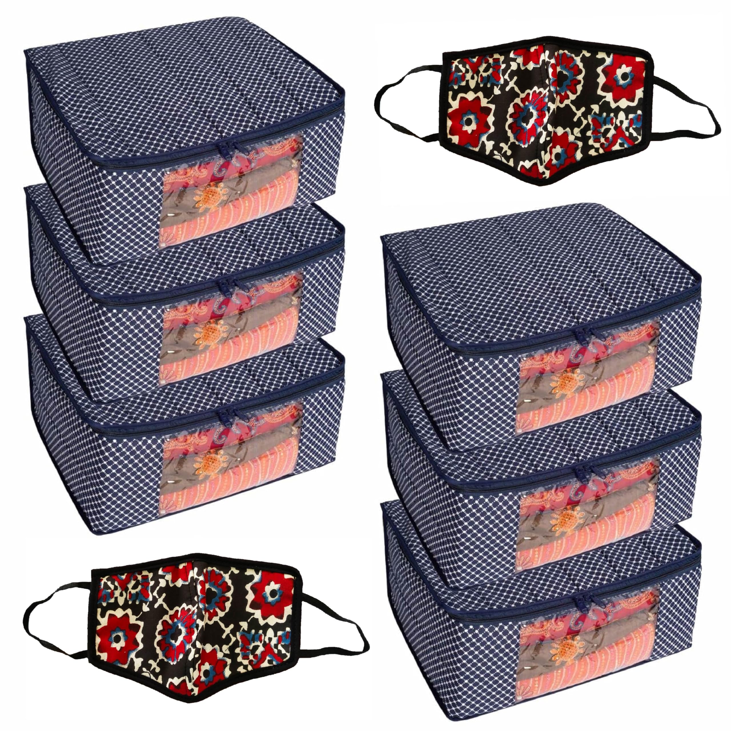 HomeStrap 6 Cotton Quilted 3 Layered Foldable Saree Covers/Clothes Storage Bag/With Transparent Window & Zip (Navy Blue) 2 Printed Face Mask/Cover (Multicolour)(Featured on Shark Tank) (B0BR16FLC5) Amazon Price History, Amazon Price Tracker