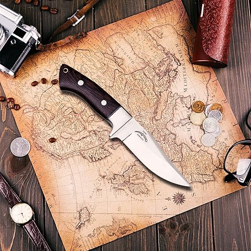 Miniatura 2 de Cuchillo de caza de hoja fijadesollador con funda de cuero, cuchillos de espiga completa para acampar al aire libre, el mejor regalo para personas