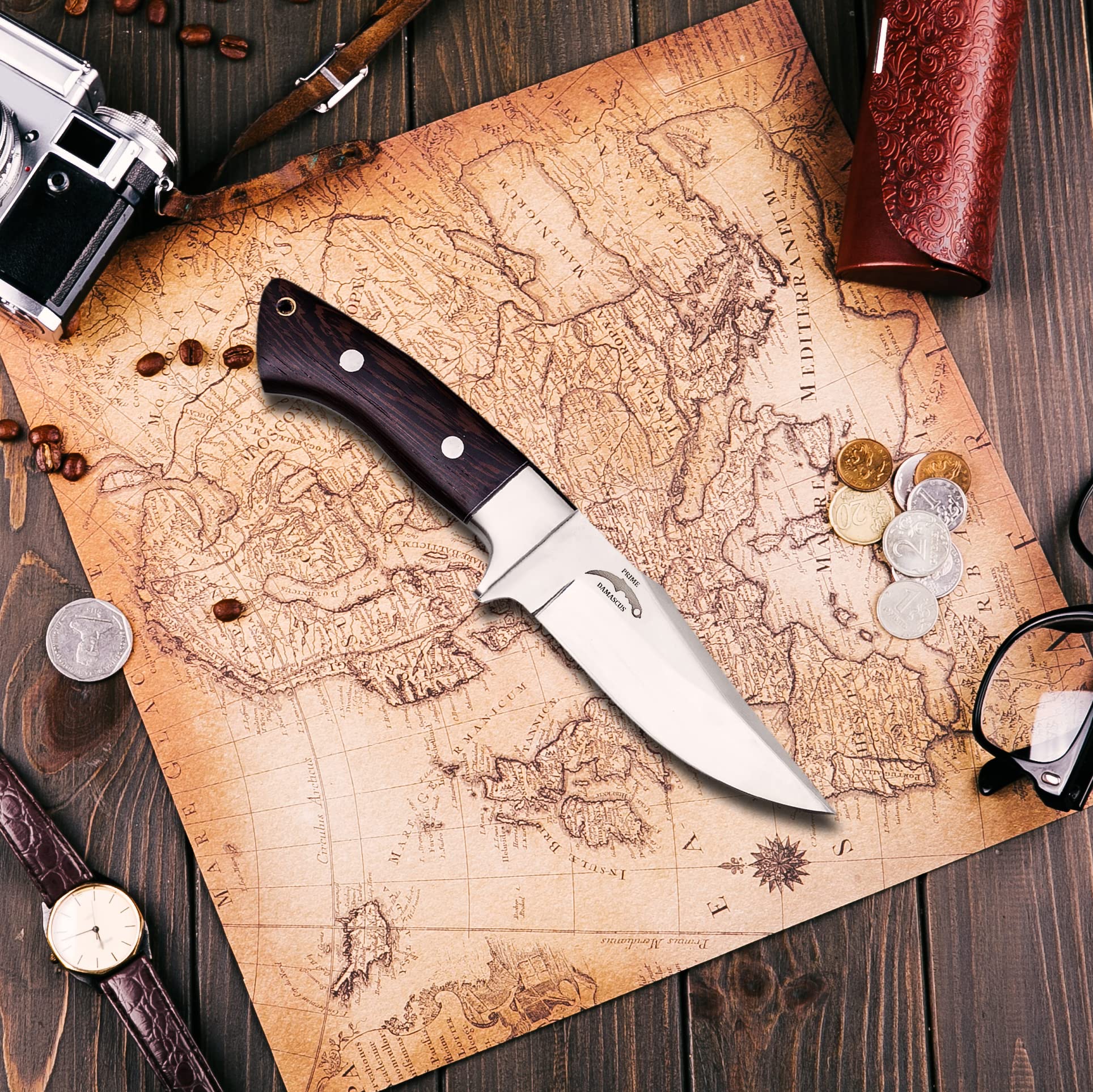 prime damascus Fixed Blade Skinner/Skinning Hunting Knife With Leather Sheath- Cool Full Tang Knives For Outdoor Camping- Best Outdoorsman Gift