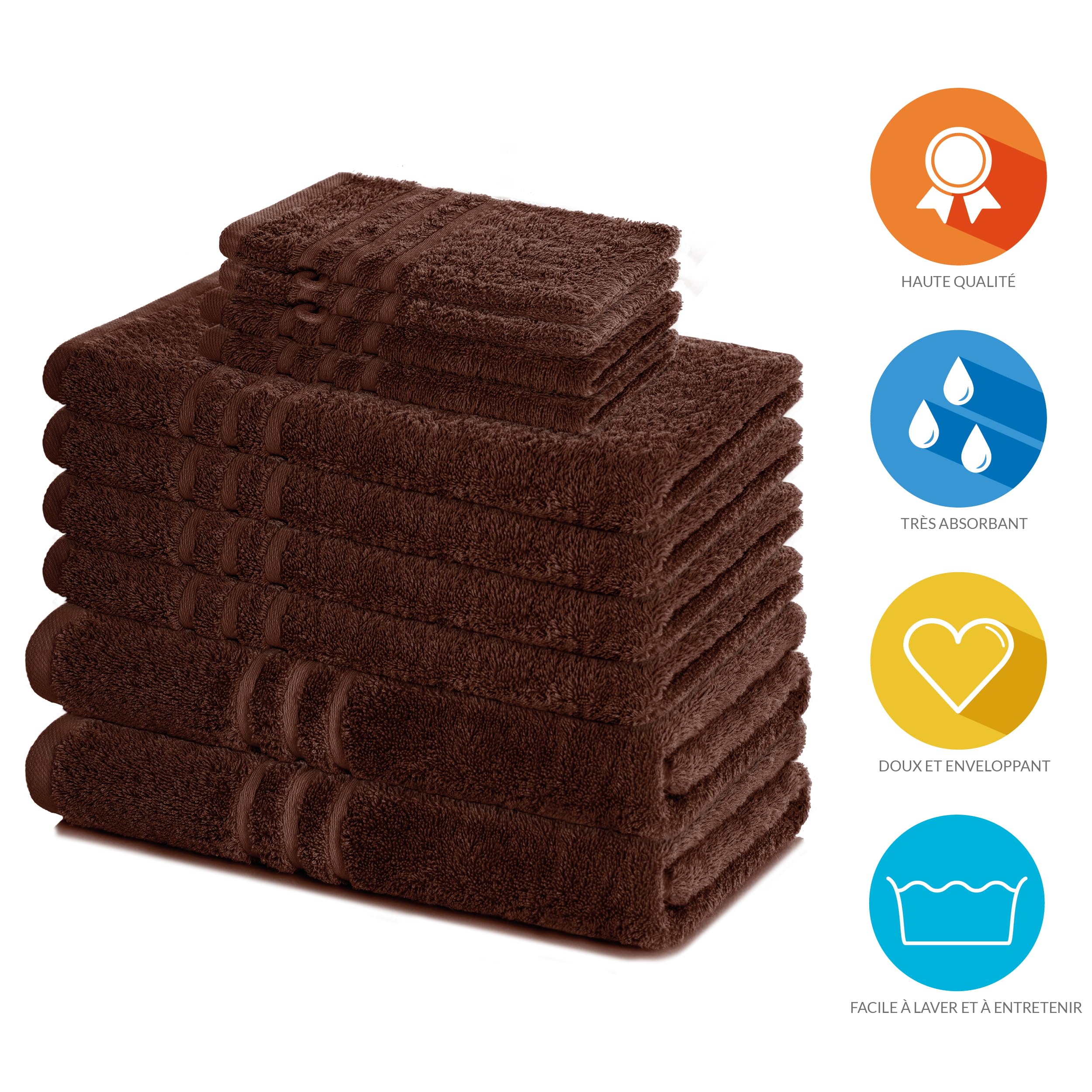 Lavea® Lot de Serviettes de Bain 10 pièces – 100% Coton – 4 Serviettes de Toilette, 2 Serviettes de Douche, 2 Serviettes Invité, 2 Gants de Toilette – pour Maison, Hôtel et Spa – Marron Café