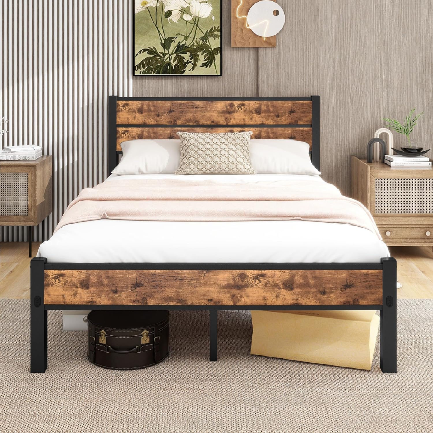 DUMEE Double Bed Frame with Wood Headboard and Footboard, Metal Full Bed Frame Under Bed Storage, No Box Spring Needed, Enhanced Support Noise Free (Black+Brown Oak)