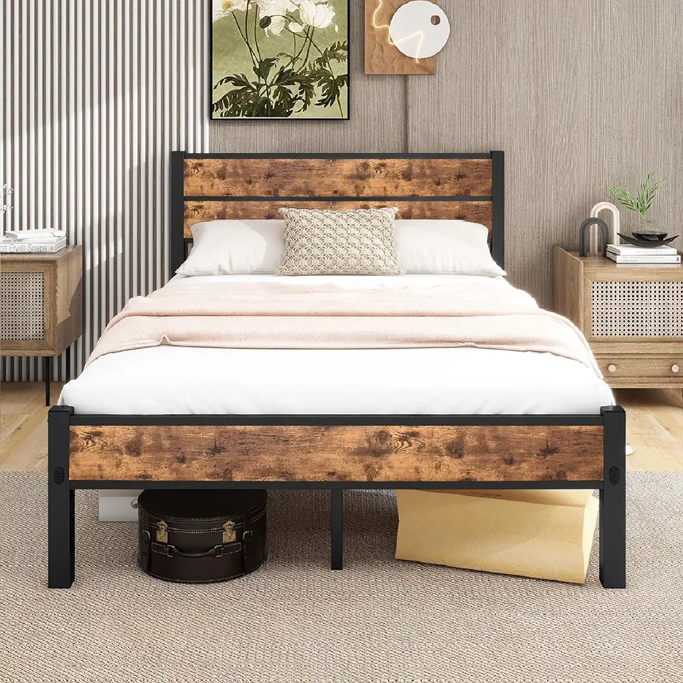 DUMEE Double Bed Frame with Wood Headboard and Footboard, Metal Full Bed Frame Under Bed Storage, No Box Spring Needed, Enhanced Support Noise Free (Black+Brown Oak)