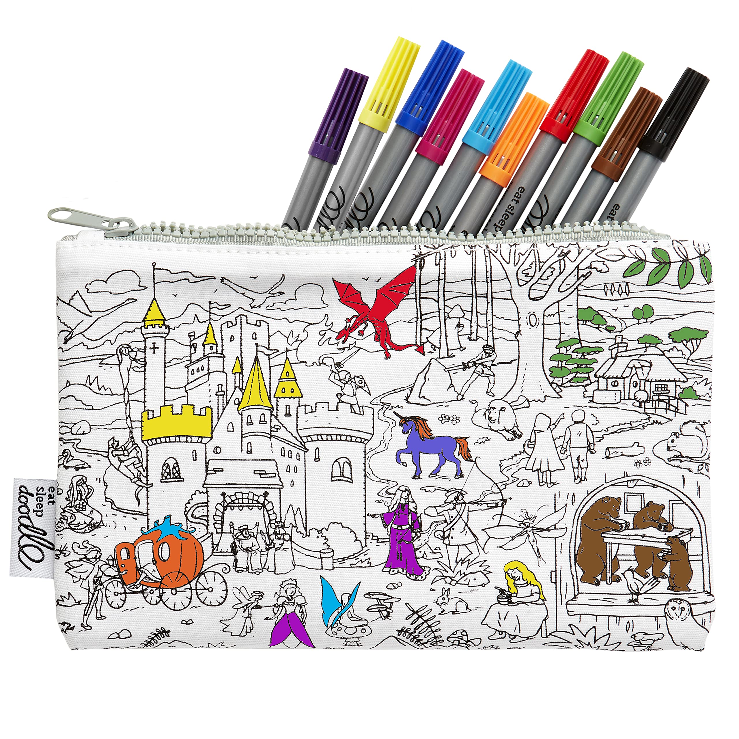 eatsleepdoodle Colouring Pencilcase w/ 10pk Washable Markers - 22x14cm Fairytale Kids Colouring Pencilcase - Ultra Washable & Reusable Arts and Crafts