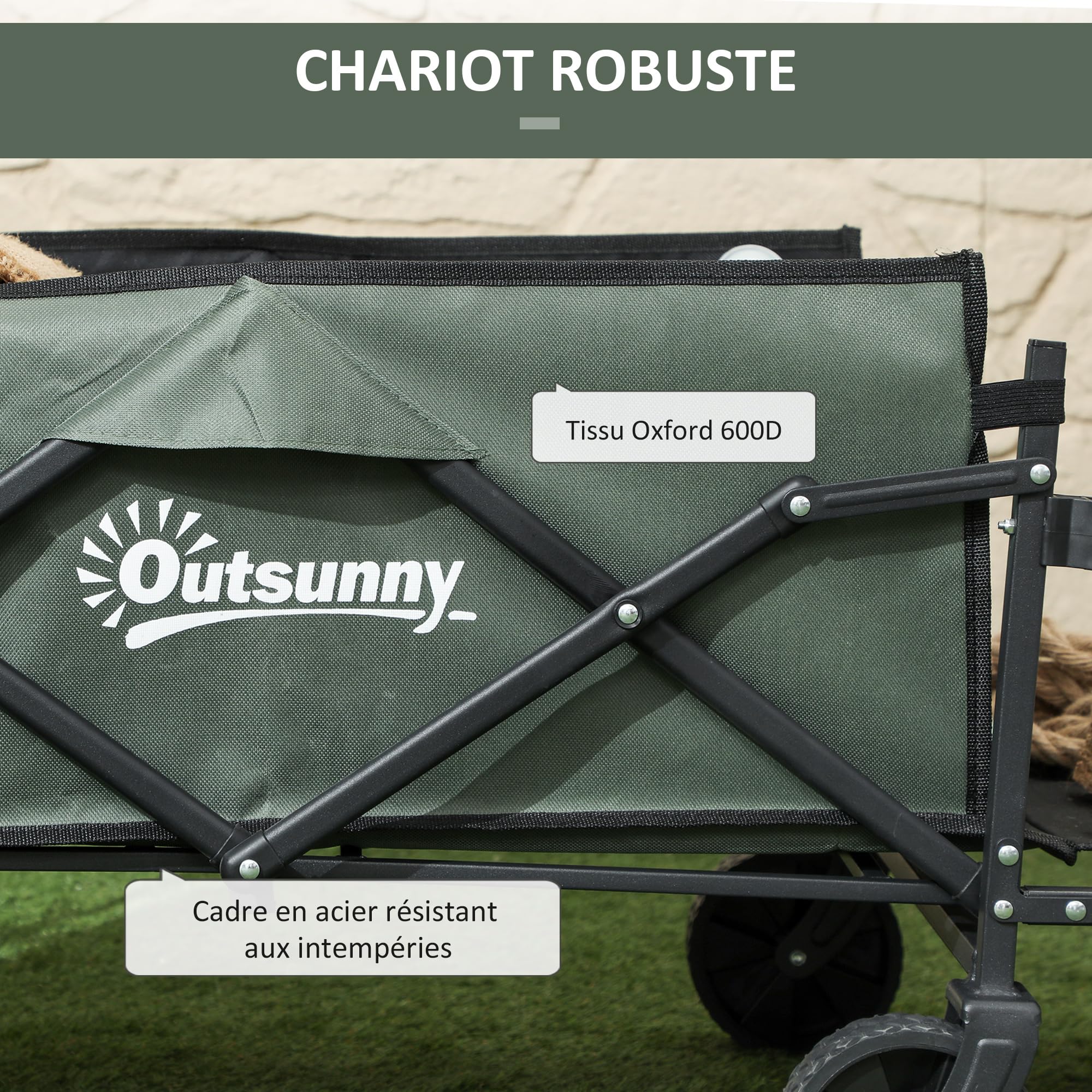 Outsunny Chariot de Transport Pliable, Chariot à roulettes avec poignée télescopique, 2 Poches, Ouverture arrière, pour extérieur, Festival, Camping, Plage, Vert