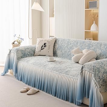 Boho Couch Cover for Sofa,Washable Sofa Cover for 2 Cushion Couch,Non-Slip Soft Sofa Slipcover Protector,Vintage Couch Blanket Cover,Double White Skirt Hemming Sofa Towel,A Blue_71" x91