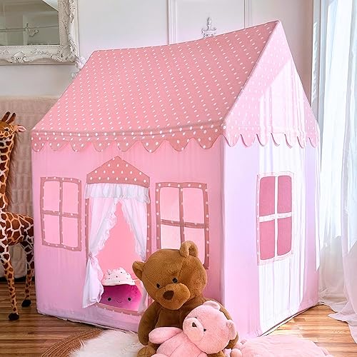 LiCosmo Tienda de campaña de algodón extragrande para niños de 50 x 43 x 63 pulgadas con alfombra, bolsa de transporte, luces de 33 pies, 3