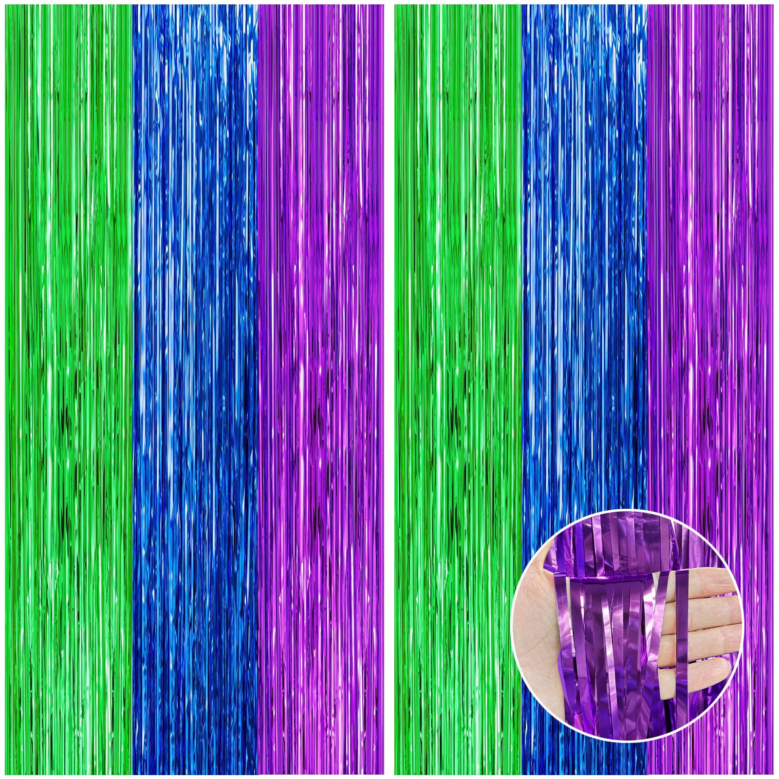 CANREVEL 2 Pack 3.3x8.2 Feet Green Blue and Purple Foil Fringe Backdrop Curtains, Tinsel Streamers Birthday Party Decorations, Photo Booth Props