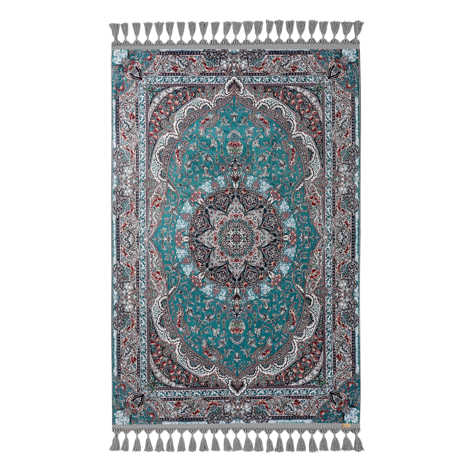 Tapis de prière traditionnel bleu sarcelle et gris style persan 80 x 125 cm