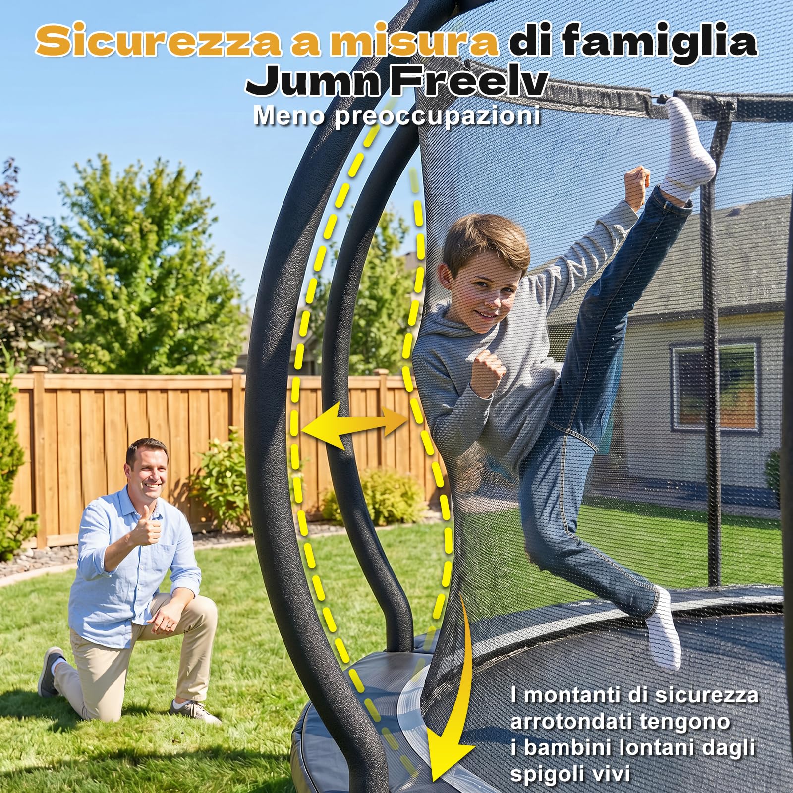 JUMMICO Trampolino elastico da giardino per bambini, 1,8 m, 2,3 m, 3,0 m, 3,6 m, 4,3 m, 4,9 m, rete di sicurezza esterna e pali imbottiti, per bambini interni ed esterni, fino a 150 kg
