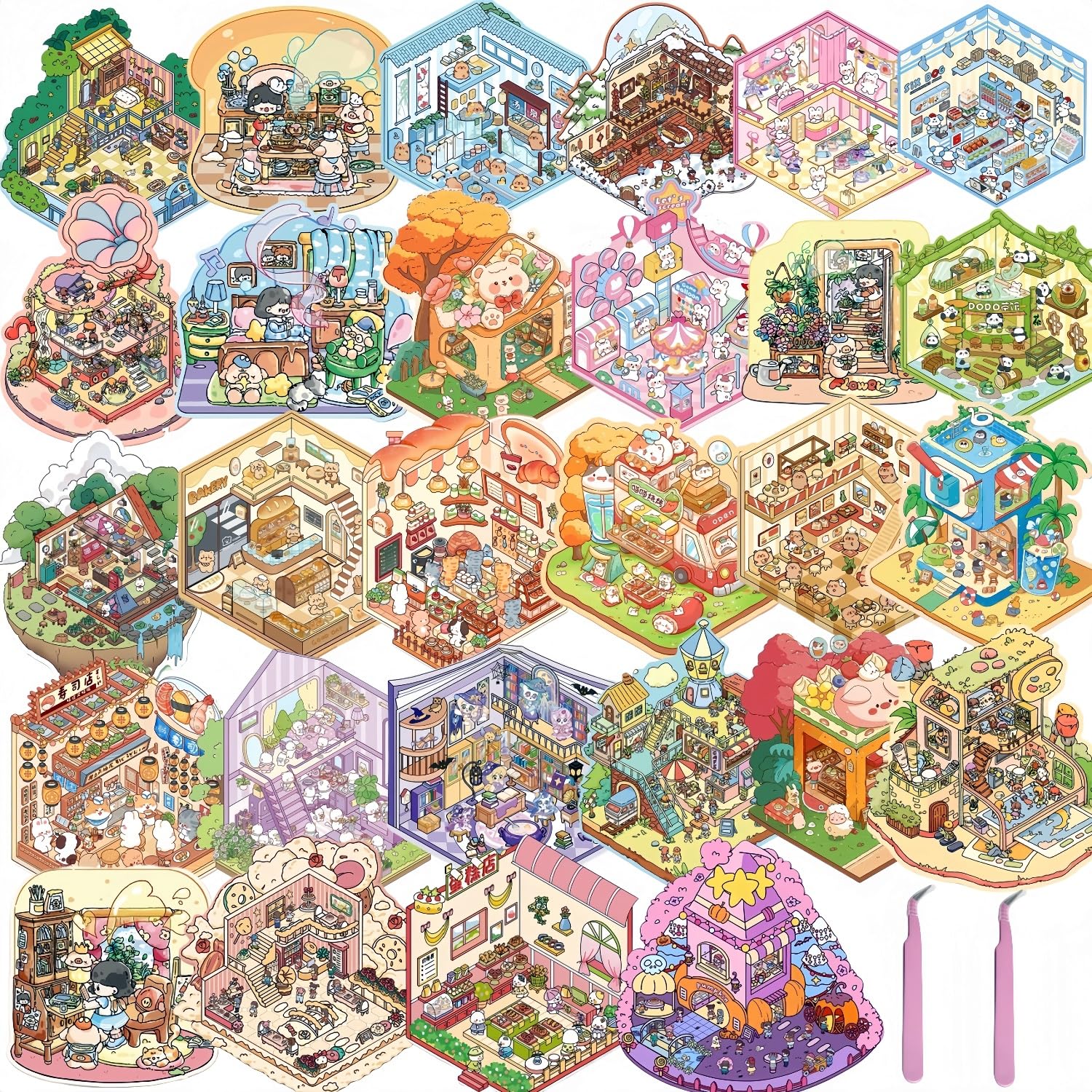 Luzhans DIY 3D-Aufkleber Szene für Erwachsene Mädchen Kinder,28 Sets DIY-Aufkleber Therapie für Erwachsene,Miniatur Haus House Sticker 3D Sticker Scene,Machen Sie Ihren Eigenen Relief Stress