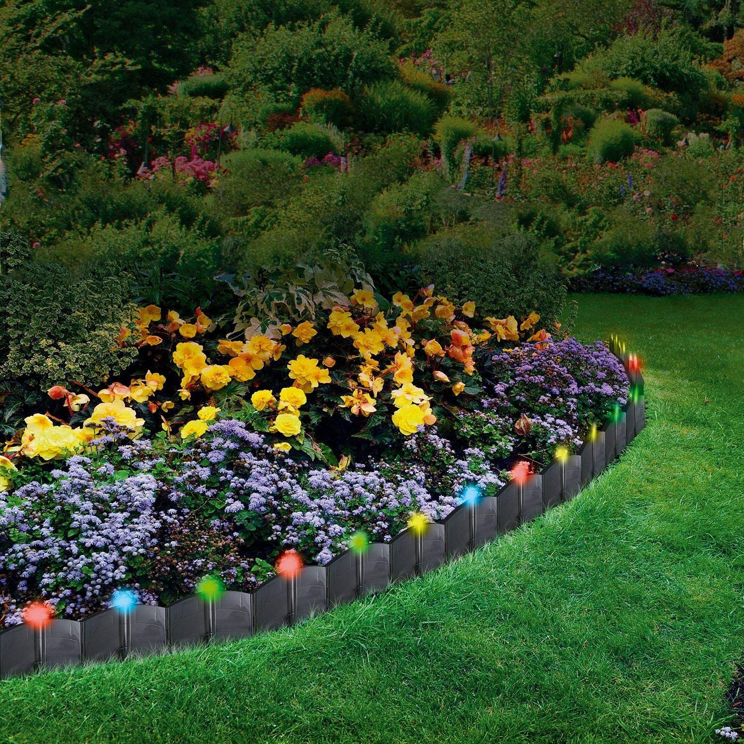 Thrink Pack of 24 LED Light Up Garden Edging | Modern Plastic Multicolour Edging | Solar Powered, Rechargeable Battery | Covers 12 ft Long Edging