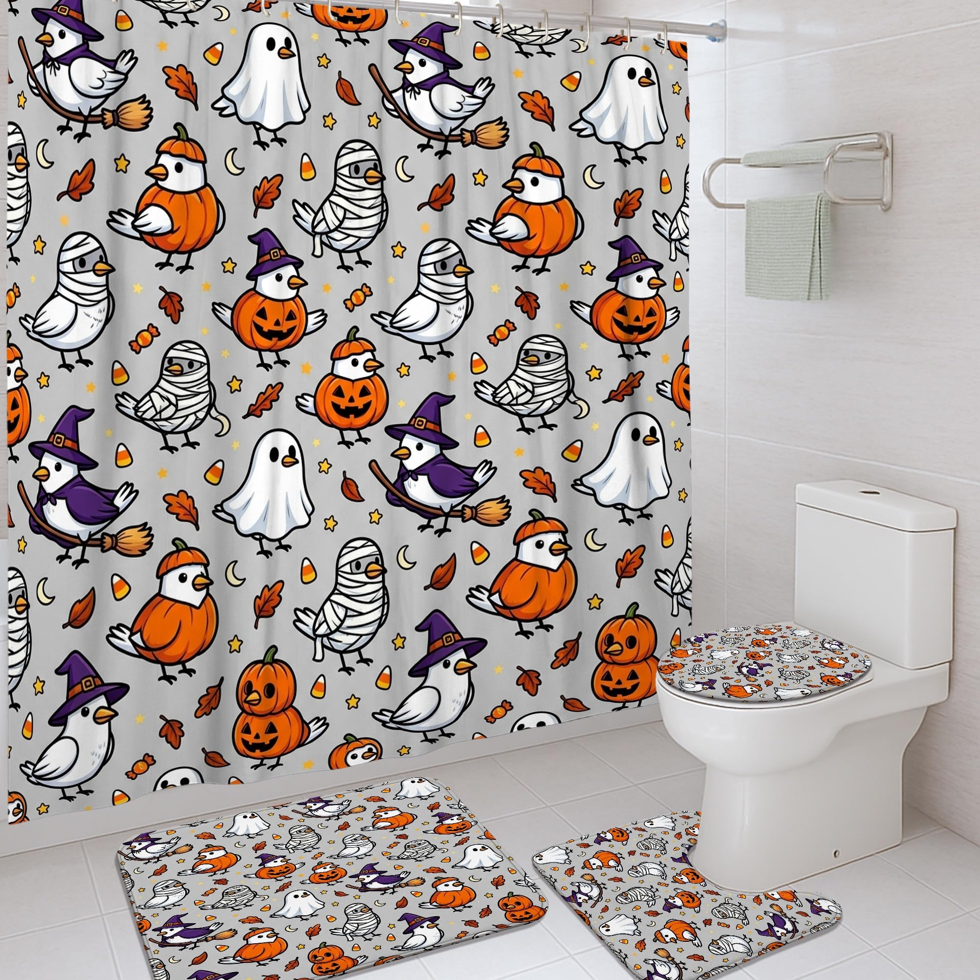 Rideau de douche en polyester imperméable orange avec tapis absorbant