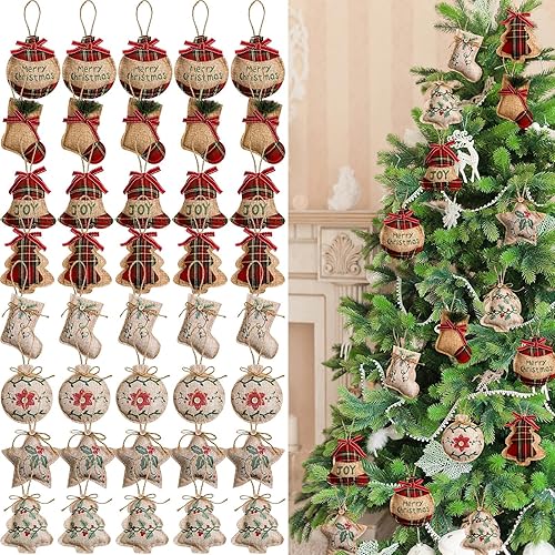 Shappy 40 adornos de Navidad de arpillera, adornos rústicos para árbol de Navidad, tartán, casa de campo, decoración colgante de calcetín de Navidad