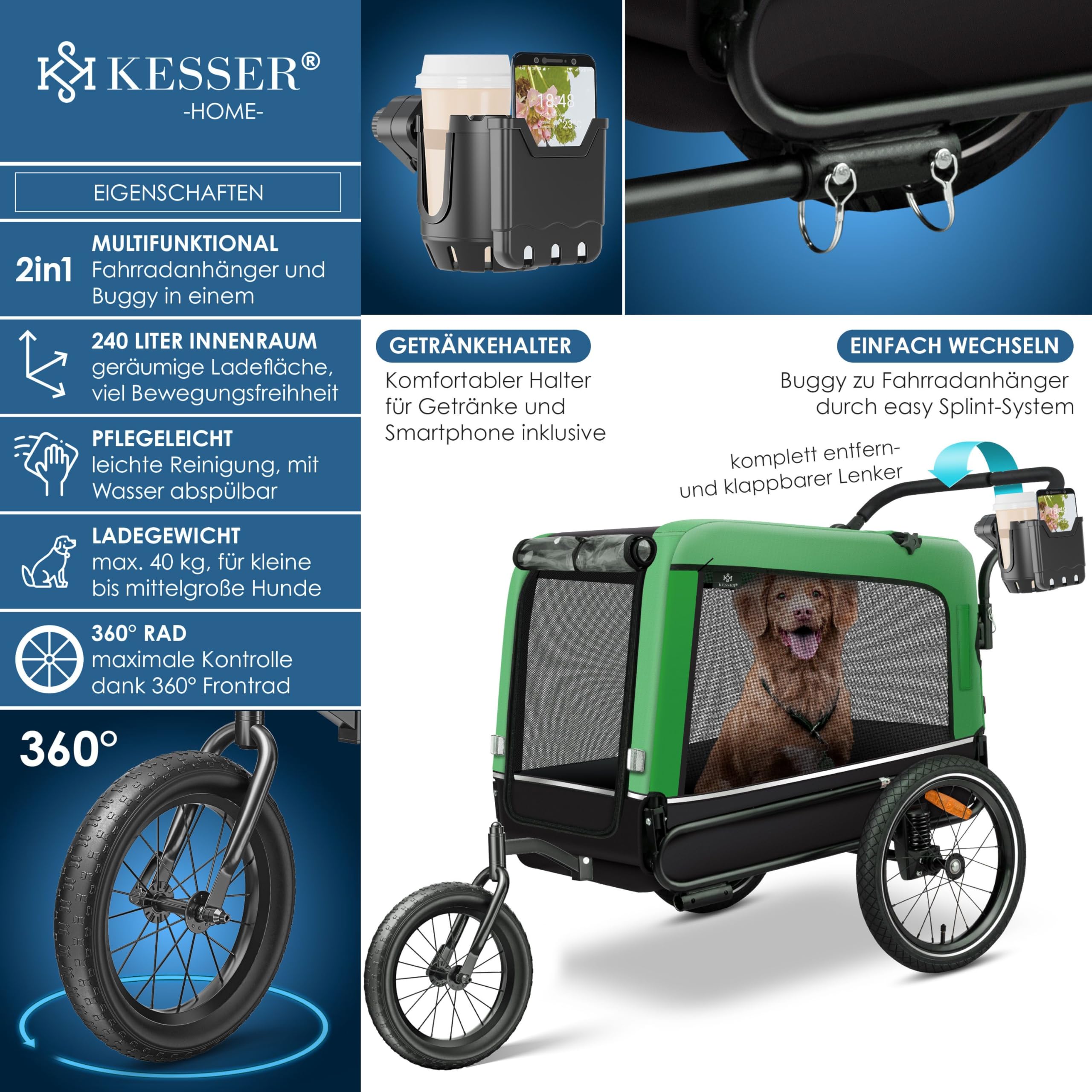KESSER® Boxer 3-in-1 Rimorchio per Cani, circa 240 Litri di Volume, Tela Oxford 600D, SmartSpace Concept, max. 40 kg incluso Supporto per Bevande e Smartphone, molleggiato