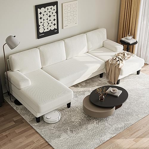 112'' Corduroy U Shaped Couch with Sleeper Lounge Chaise, 4 Seat Modern Comfy Sectional Sofa Couches for Living Room Spacious Space Apartment Office (112‘’ Corduroy White)