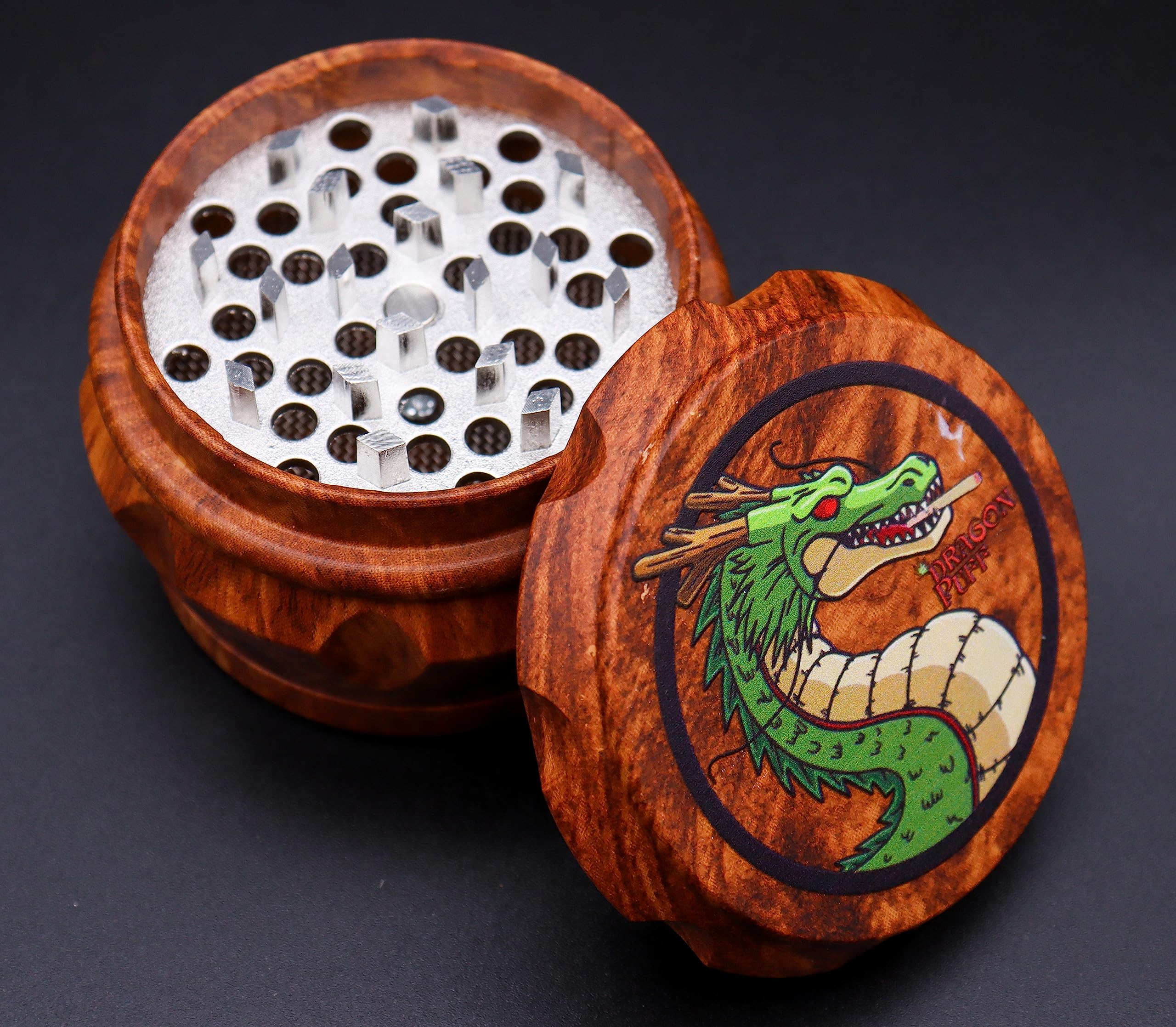 2.5'' Wooden Herb Spice Grinder Metal Shark Teeth 4 Parts Spice Grinder
