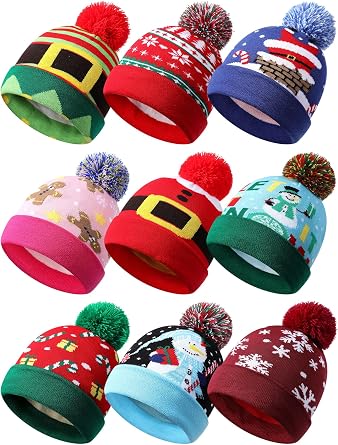 9 Pcs Christmas Knitted Hats Bulk Xmas Winter Beanie Hats with Pom Santa Crochet Cap for Men Women Party Gift