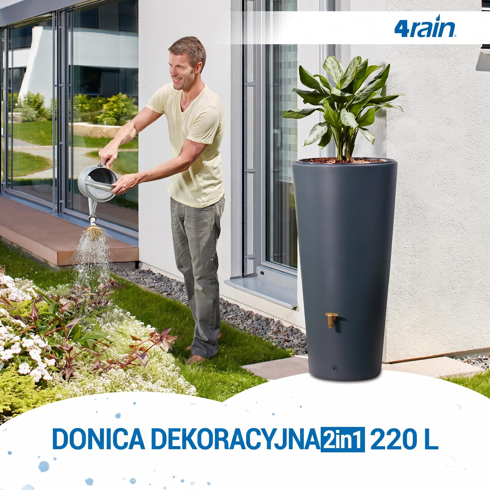4rain VASO 2w1 zbiornik na deszczówkę 220 l, graphite grey, z kranem