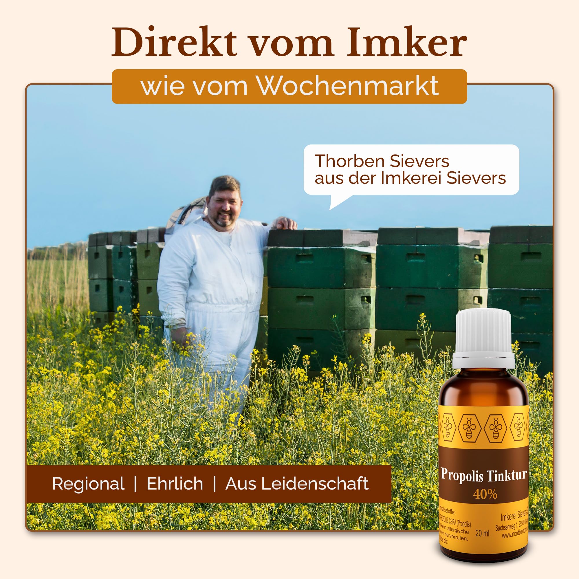 Nordbienchen Propolis Tropfen 40% - naturreine Propolis Tinktur direkt vom Imker - natürliches Rachen Spray, als Nagelserum, zum Gurgeln, bei Hautunreinheiten, uvm. Extrakt Serum 20ml