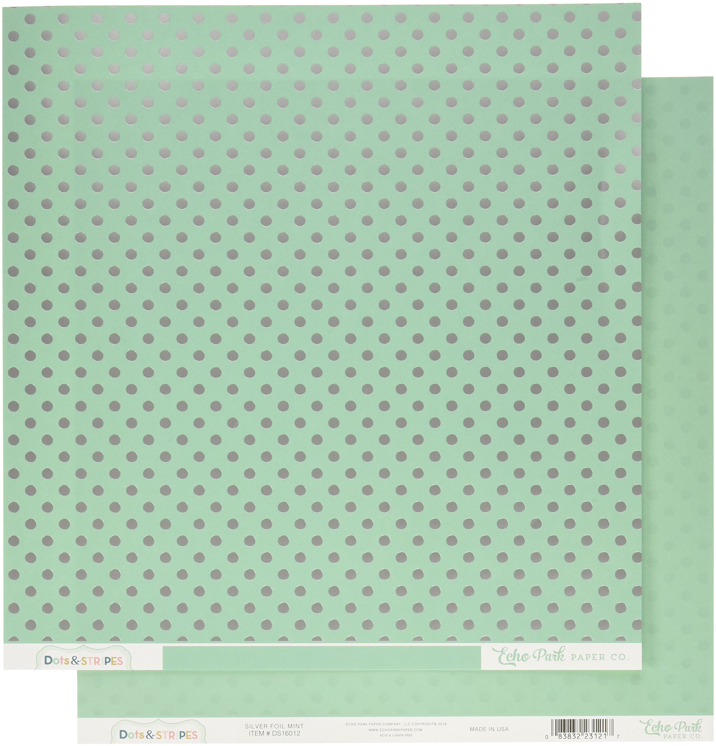 Papier cartonné Echo Park Pois et Rayures Menthe Argenté 30,5x30,5 cm pour scrapbooking