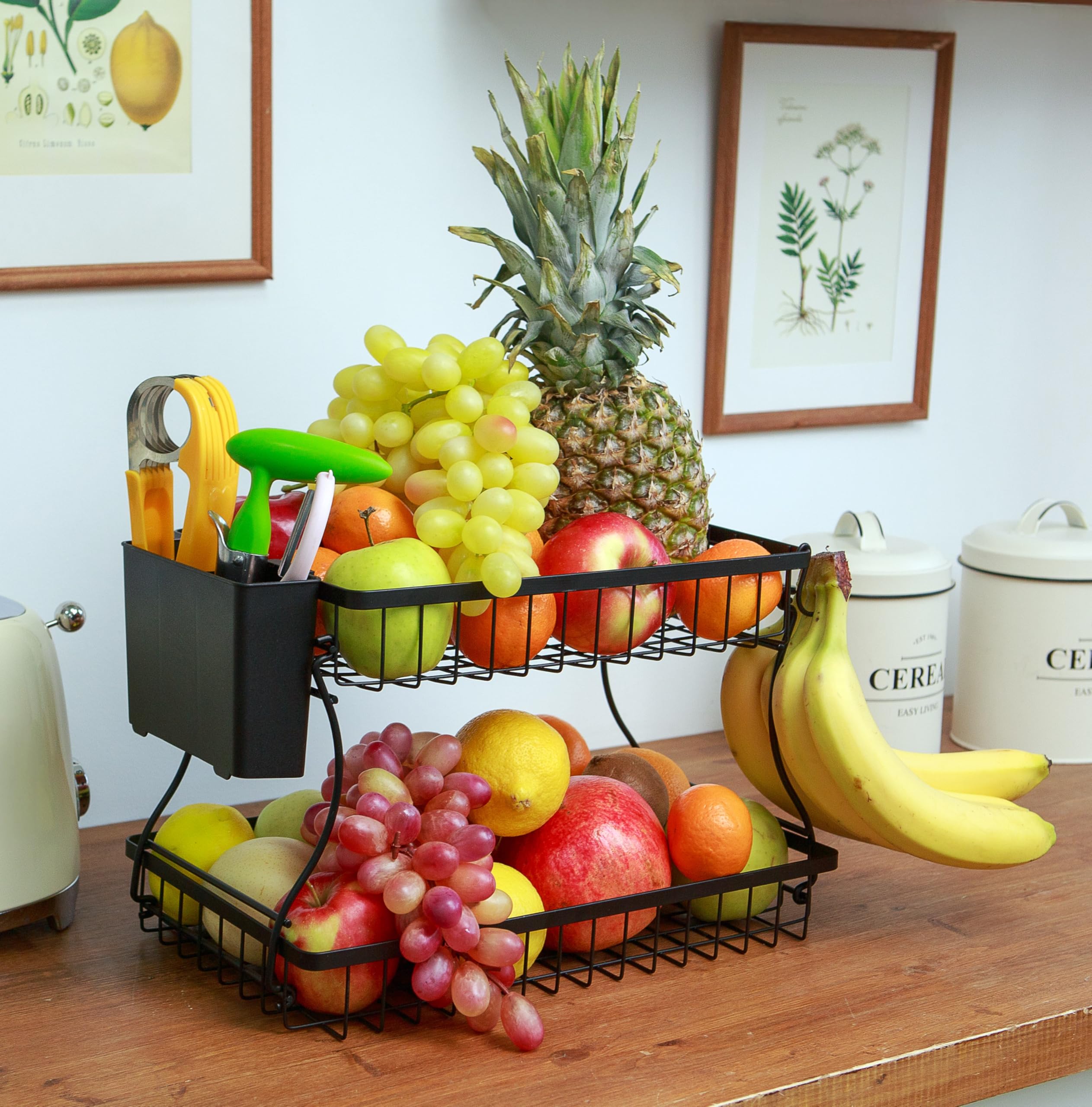 2 Tier Fruit Basket with Banana Hanger & Utensil Pocket – Metal Kitchen Counter Organizer for Fruits, Vegetables, Bread & Snacks + 3 Tools (Apple