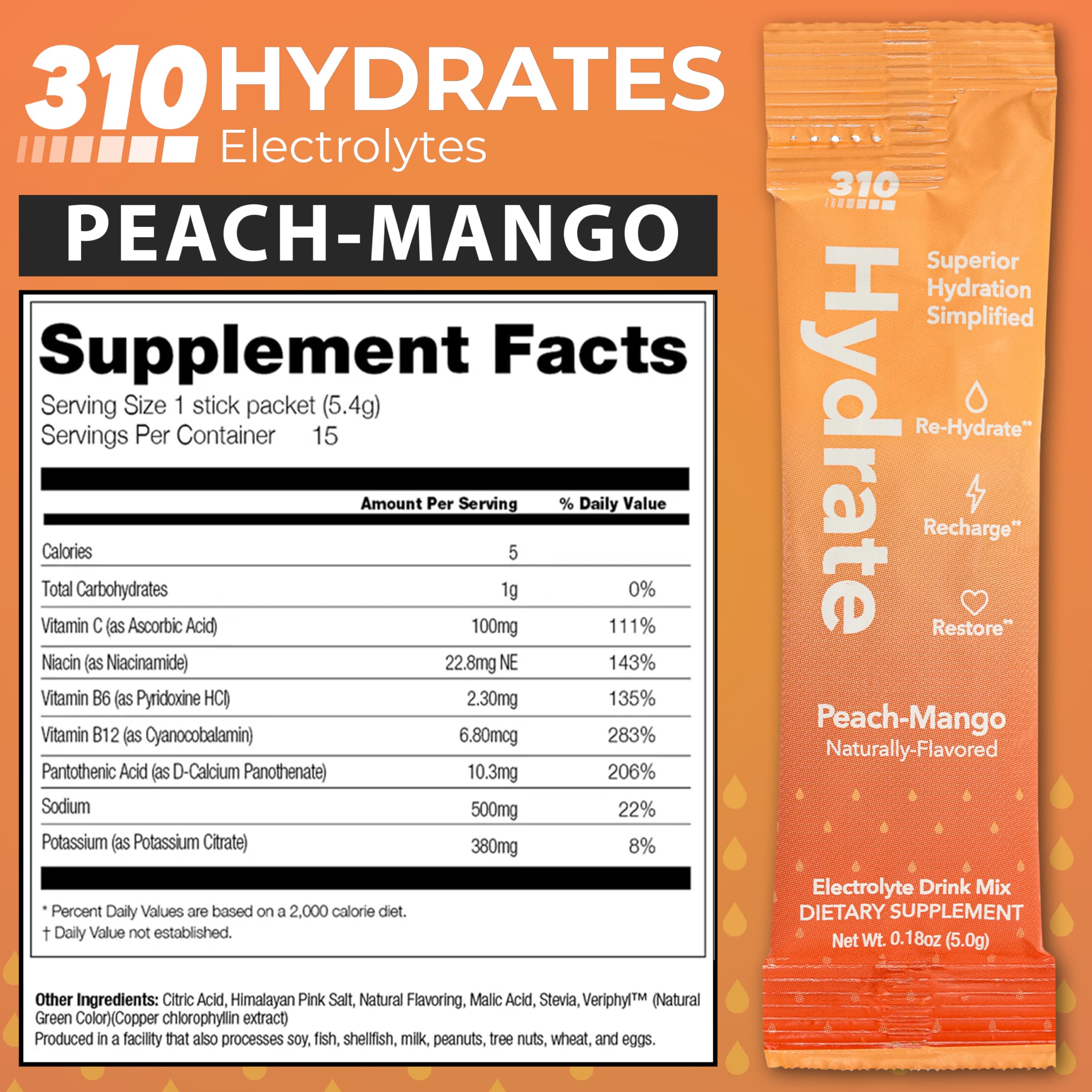 310 Nutrition Sugar Free Electrolytes Powder - Instant Hydration Packets for Daily Fluid Balance - Caffeine-Free Rehydration Drink Mix, Low Calorie & Keto Friendly - Watermelon 15 Singles