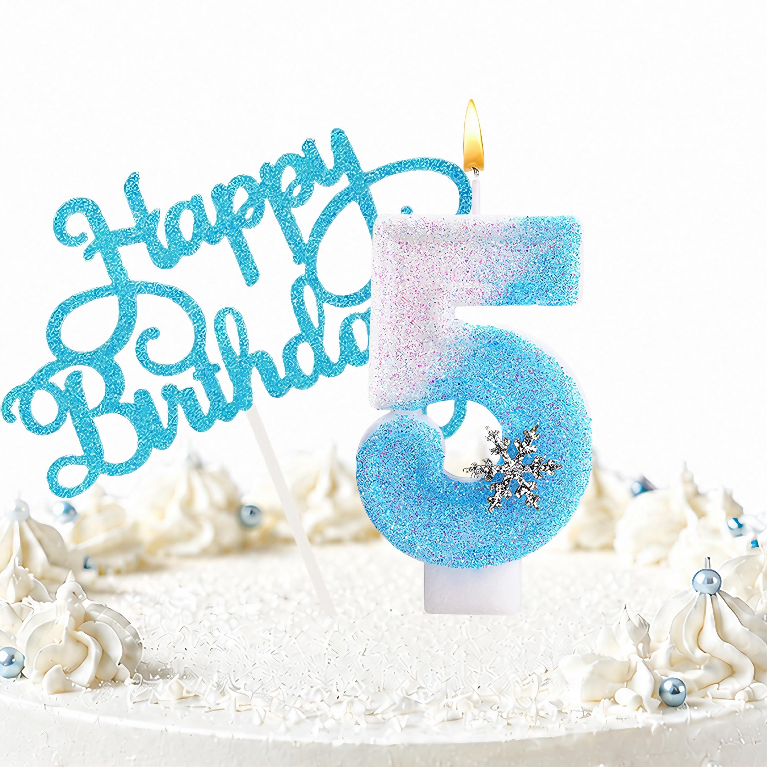 Snowflake Birthday Candles, Blue Glitter Snowflake Number Candle with Themed Birthday Decorations, 2PCS Cake Toppers for Girls Birthday Party (5 Candle,Snowflake)