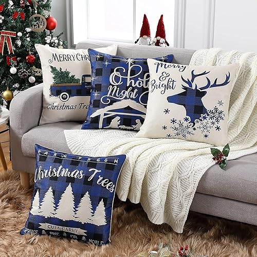 Miniatura 4 de CAROMIO Juego de 4 fundas de almohada de Navidad de 18 x 18 pulgadas, color negro y azul, a cuadros, diseño de árbol de Navidad, ciervo, belén,