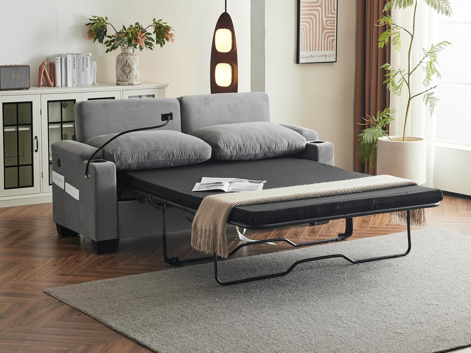74'' Chenille Sleeper Sofa Couch with Pull Out Sofa Bed and Cup Holders, 2 in 1 Convertible Loveseat Futon Couches with USB and Type-C Charge Port, Sofas Beds for Living Room, Dark Grey