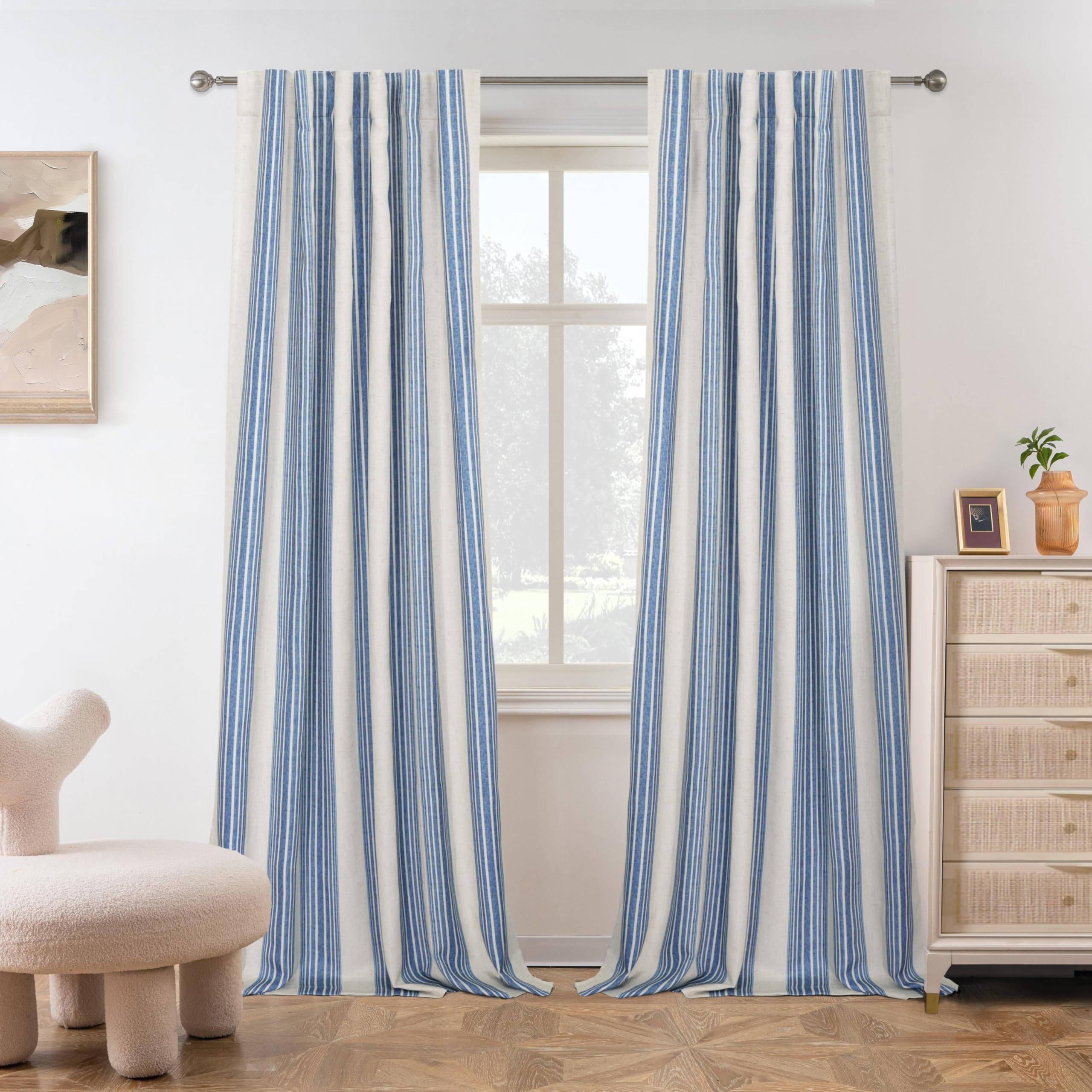 DriftAway Chris Vertical Striped Pattern Linen Blend Lined Thermal Insulated Blackout and Room Darkening Linen Curtains for Farmhouse Printed 2 Panels 52 Inch by 96 Inch Jean Navy