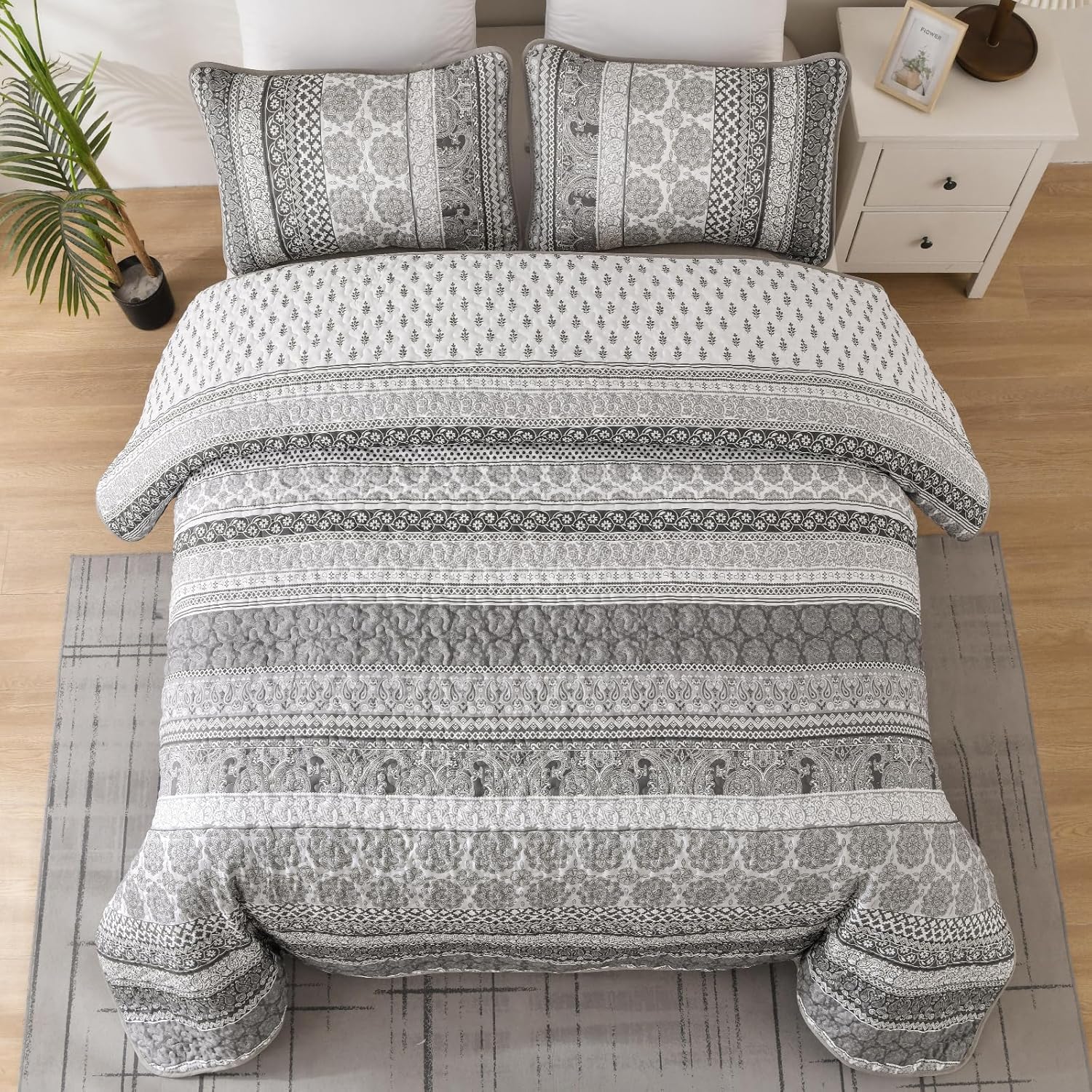 WONGS BEDDING Boho Quilt Set King Size, Gray Bohemian 3 Pieces Quilt Sets, Grey Lightweight Bedspread Coverlet Bedding Set for All Season (104"x90") - Image 3