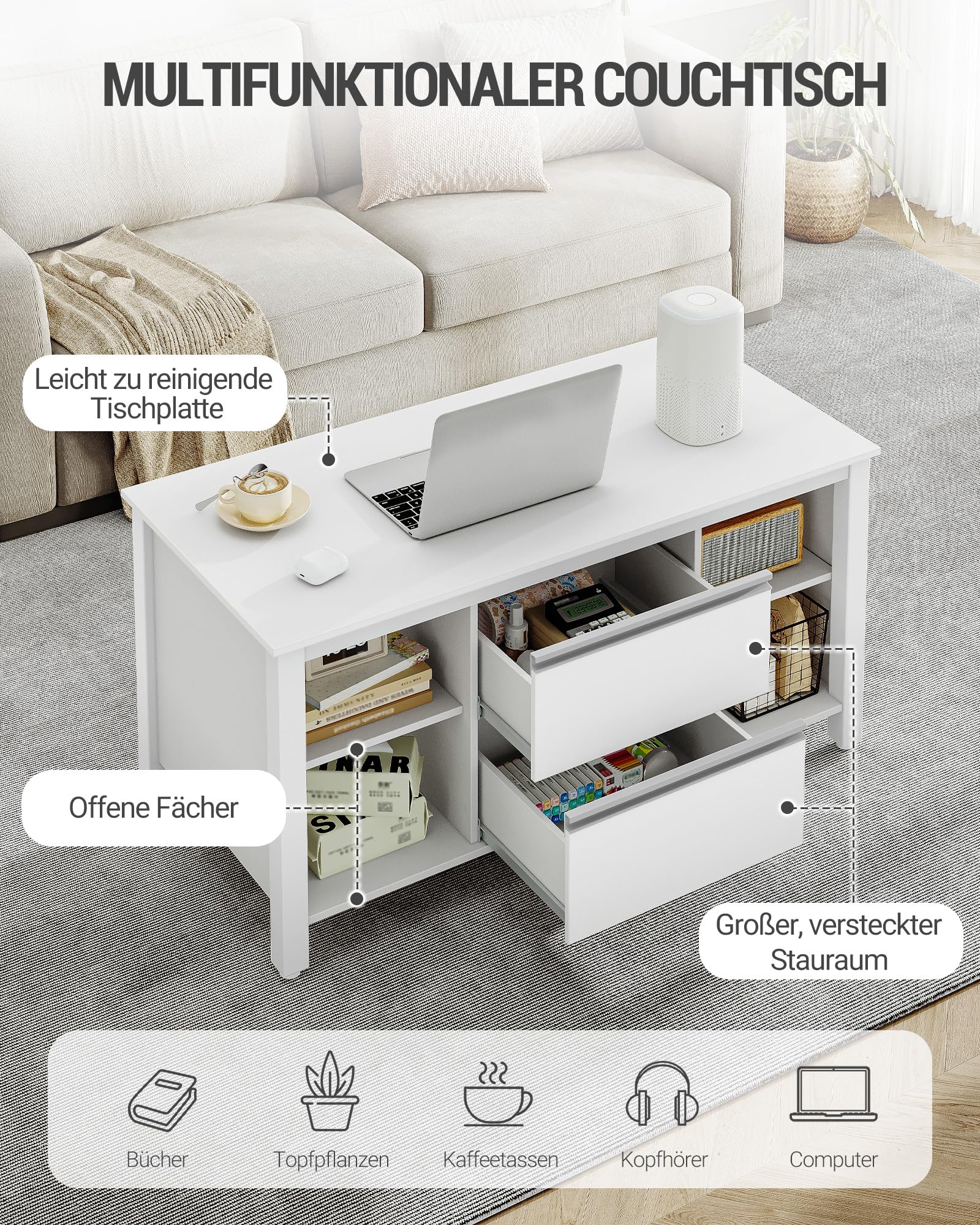 Hzuaneri Couchtisch, Wohnzimmertisch, Stahlbeine, Weiß | mit 2 Schubladen und 4 offenen Fächern, Sofatisch, für das Wohnzimmer, 50 x 100 x 50 cm, CT22003W