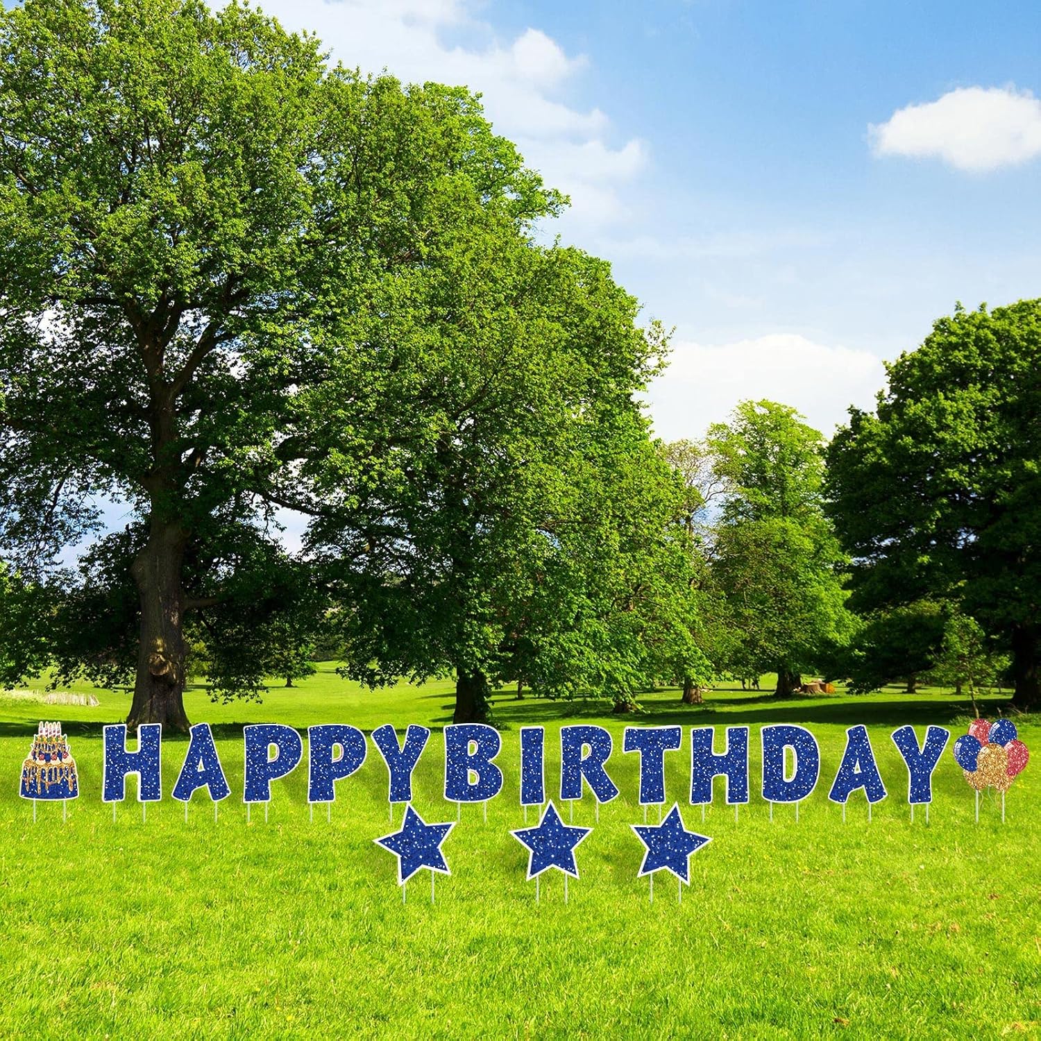 Jetec 18 Pieces Happy Birthday Yard Signs with Stakes, 16 Inches Birthday Outdoor Lawn Signs, Cake Balloon Patio Decorations, Garden Lawn Decorations for Party Outdoor Decor(Blue)