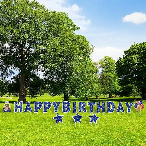 Miniatura 7 de Jetec 18 carteles de feliz cumpleaños con estacas, letreros de cumpleaños de 16 pulgadas para césped al aire libre, globos de pastel de cumpleaños,